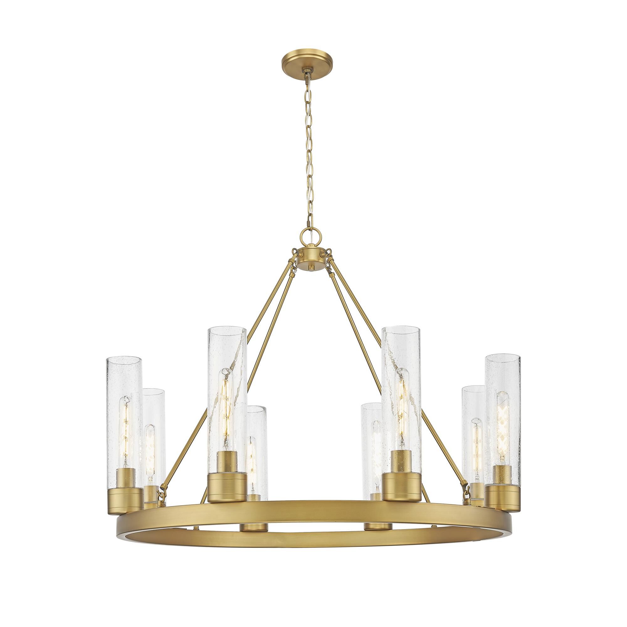 Shown in Brushed Brass finish and Seedy glass