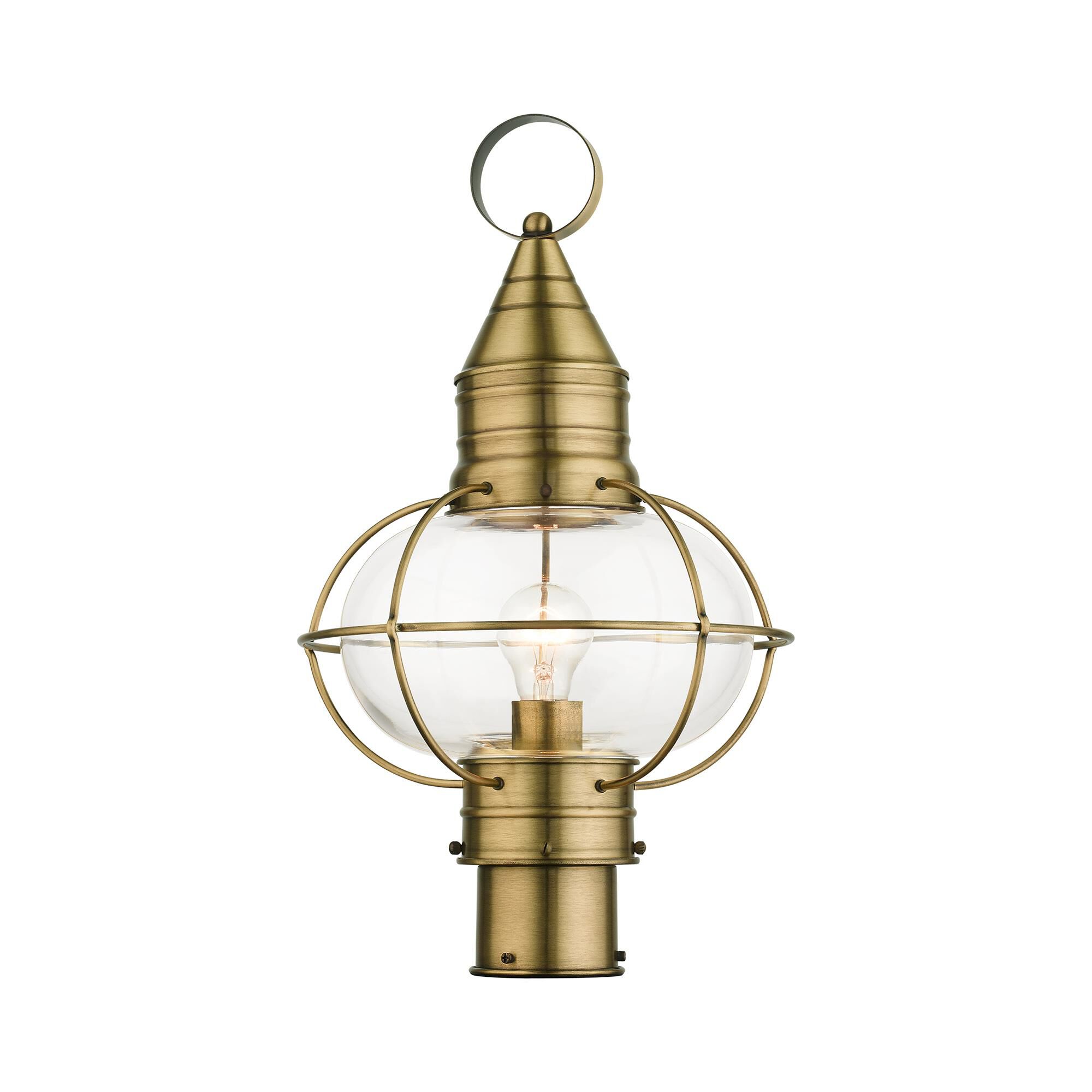 Shown in Antique Brass finish and Hand Blown Clear glass