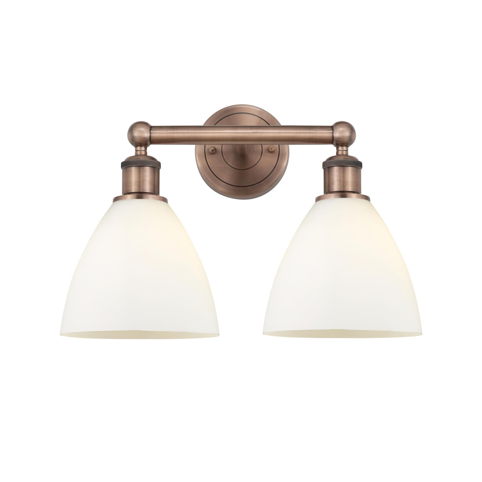 Shown in Antique Copper finish and Matte White glass