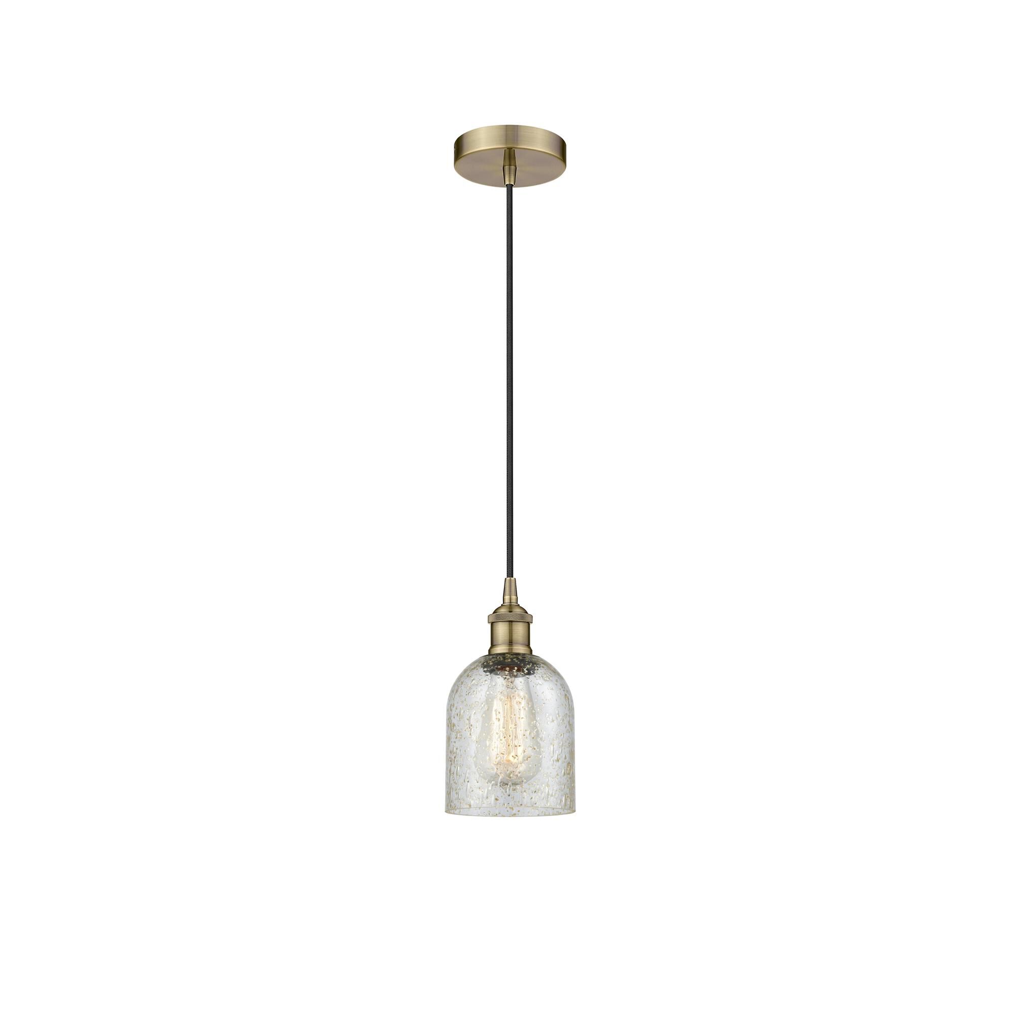 Shown in Antique Brass finish and Mica Caledonia glass