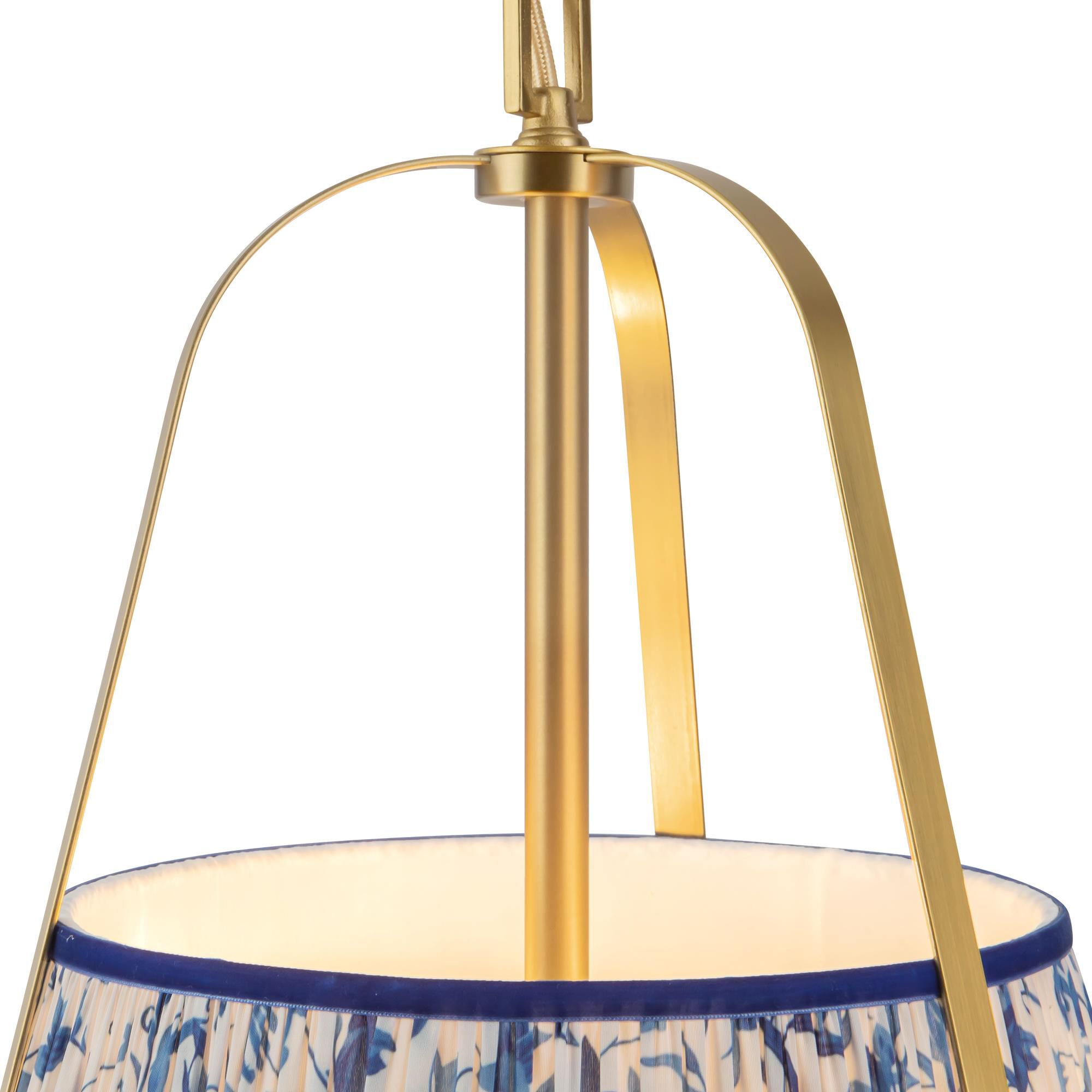 Shown in Brushed Gold finish and Blue Linen shade