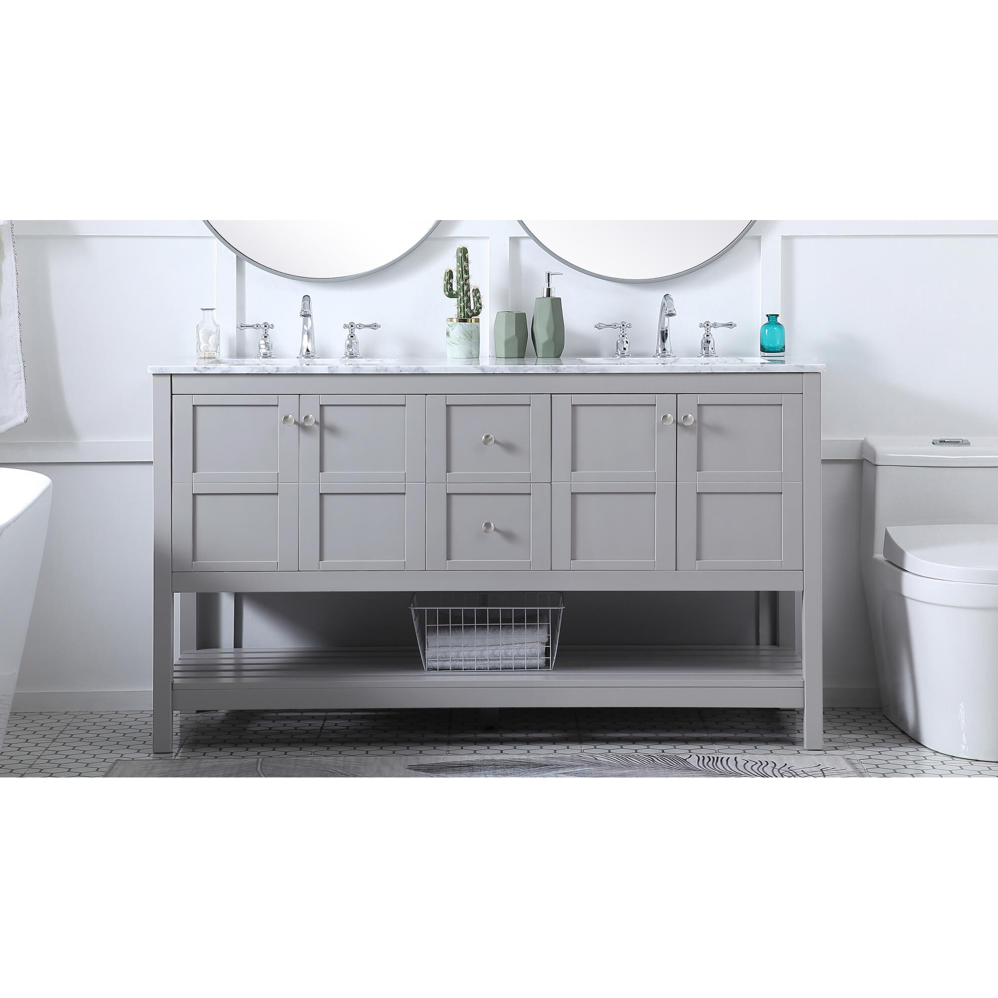 Shown in Gray And Brushed Nickel With Carrara White Marble finish