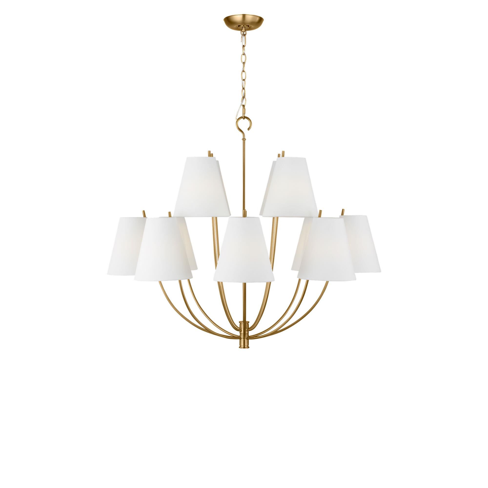 Shown in Burnished Brass finish and White Linen Fabric shade