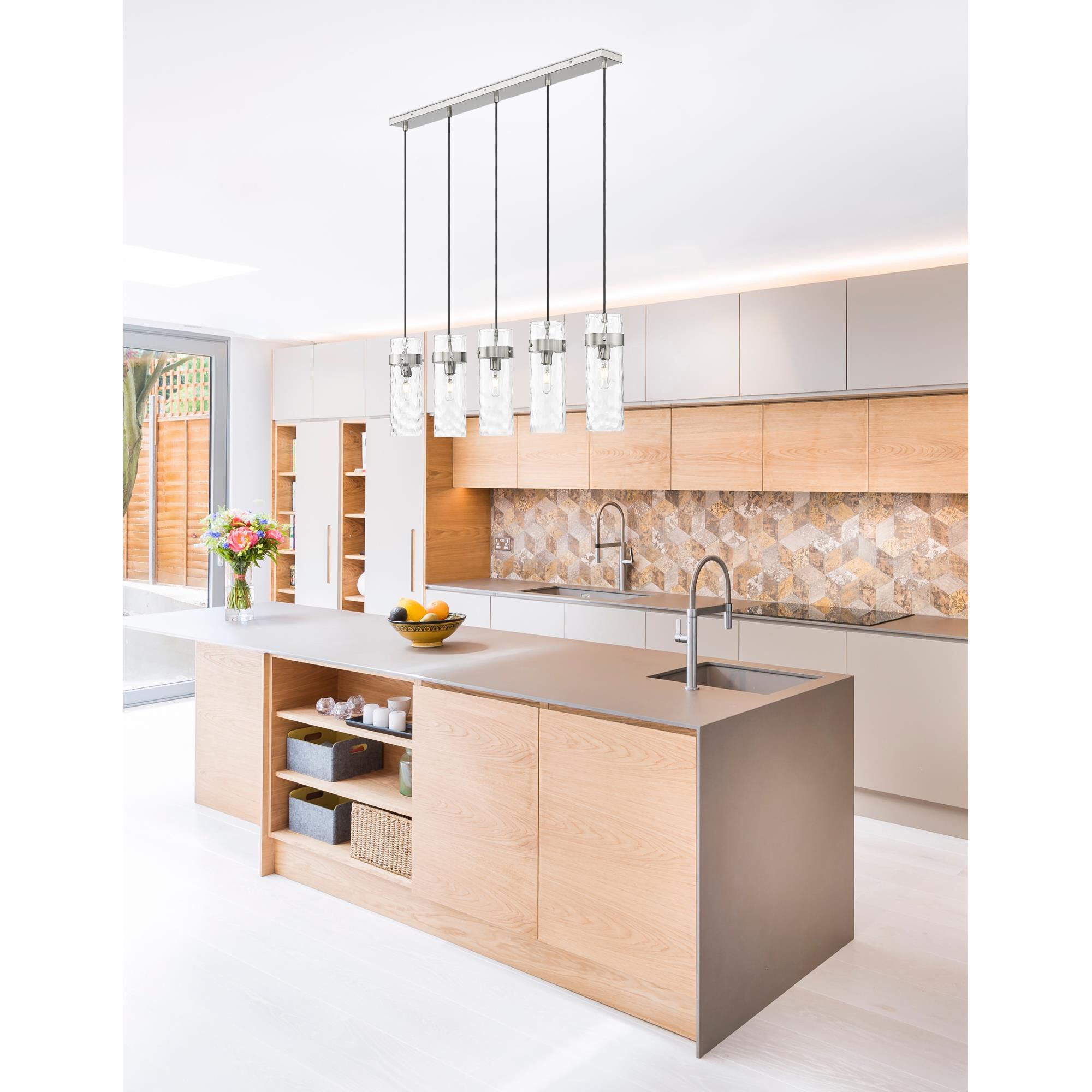 Shown in Brushed Nickel finish and Clear Water glass and Clear Water shade