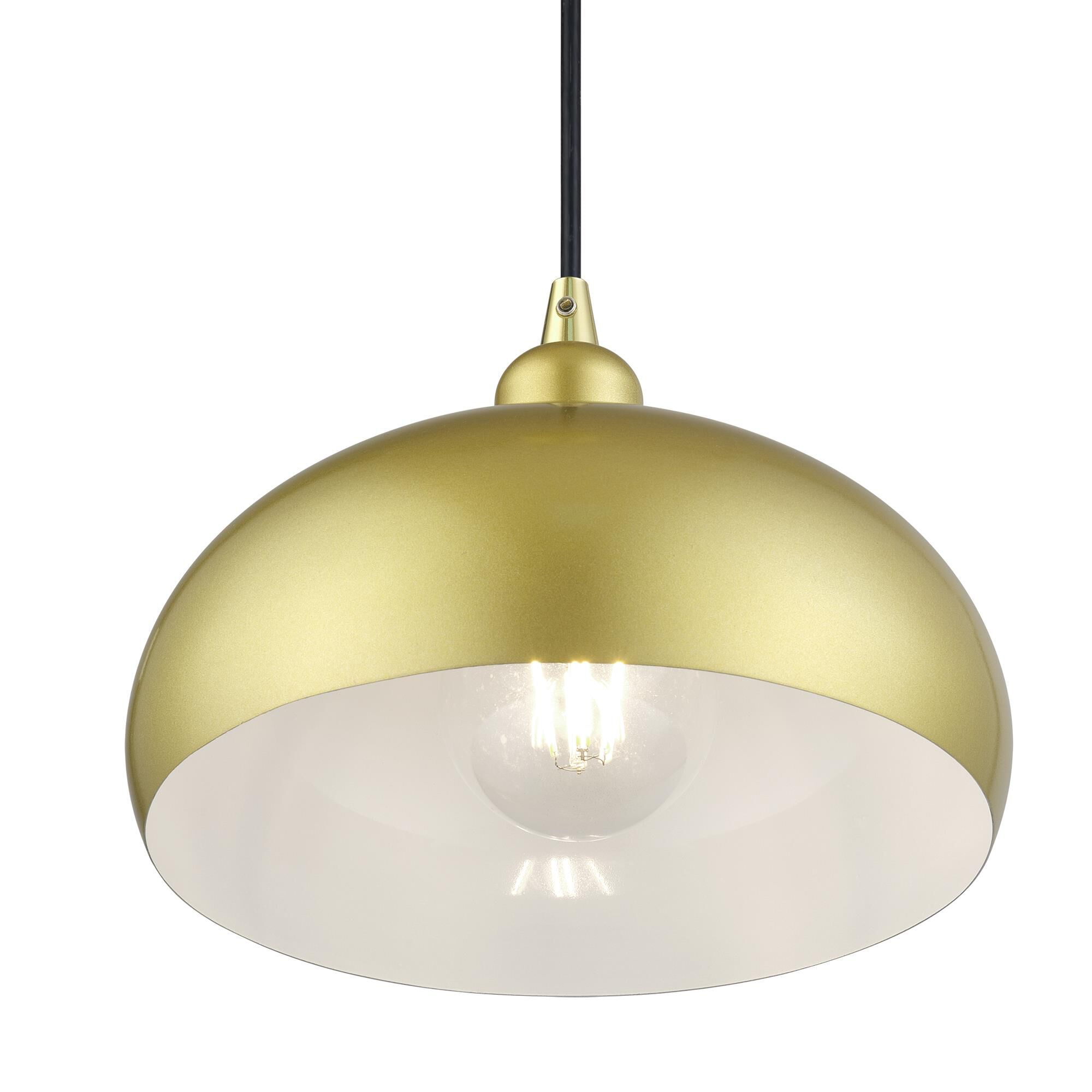 Shown in Soft Gold with Polished Brass Accents finish and Soft Gold Steel with Shiny White Inside shade