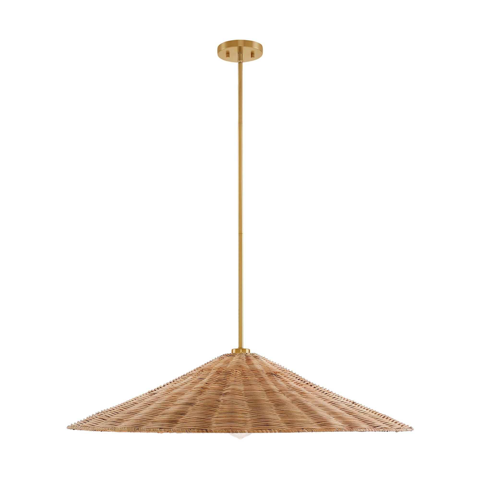 Shown in Natural Brass finish and Natural Rattan shade