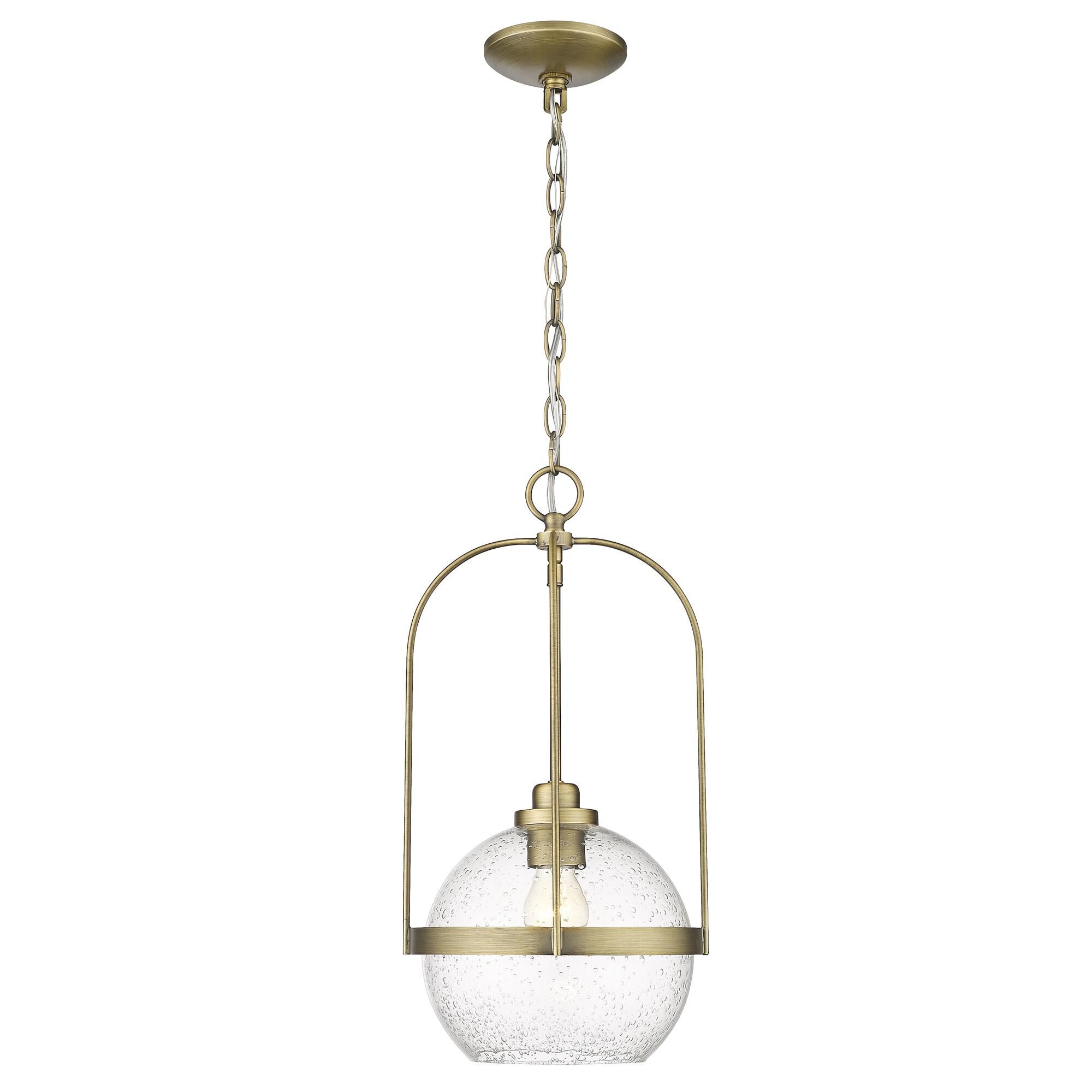 Shown in Antique Brass finish and Clear Seeded glass