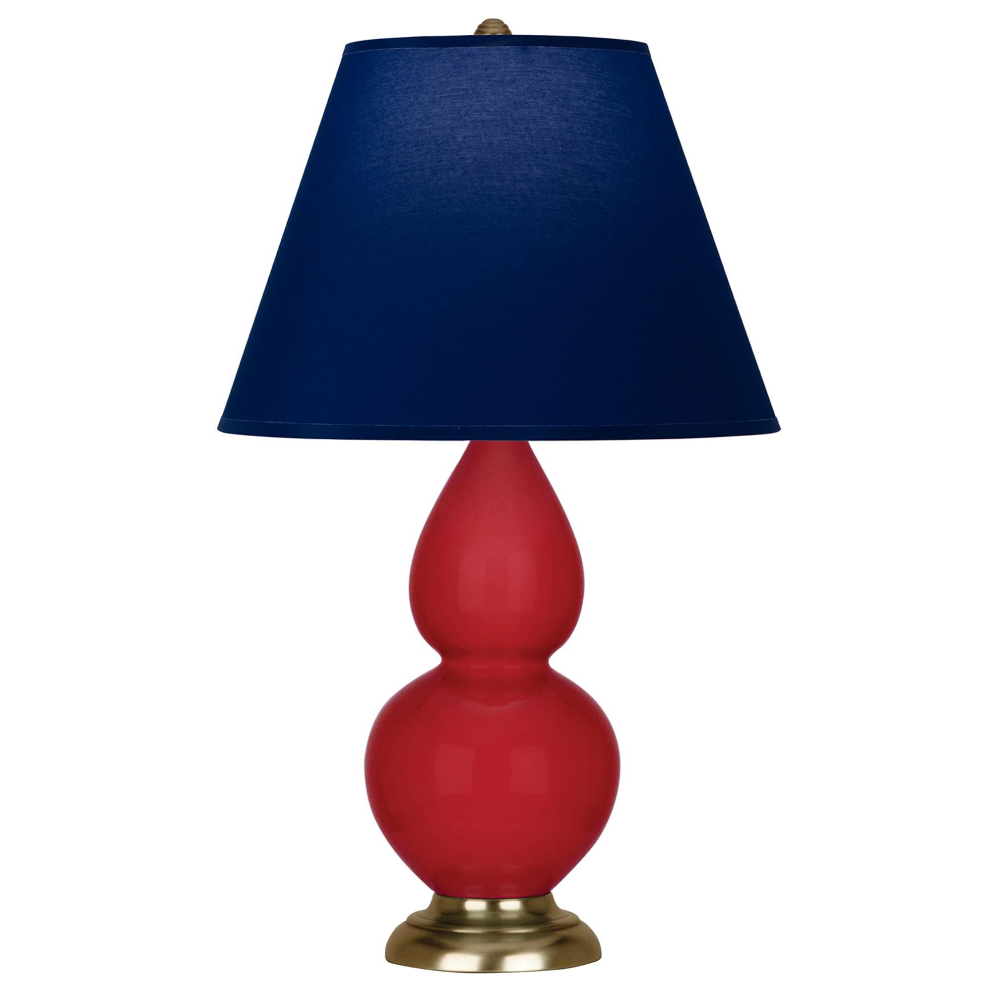 Shown in Ruby Red finish and Navy and Gray shade and Antique Brass accent
