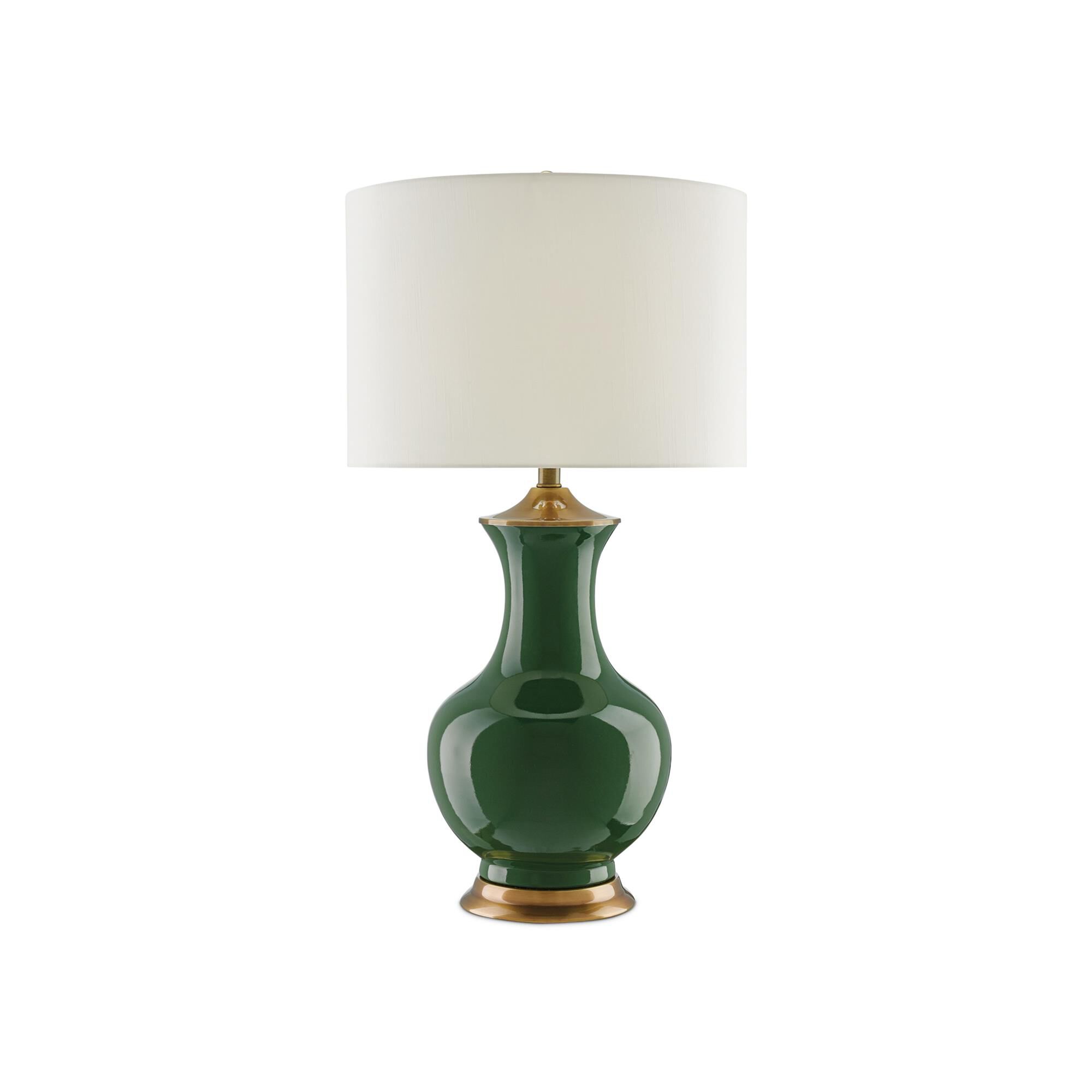 Shown in Green-Antique Brass finish and Eggshell Shantung shade