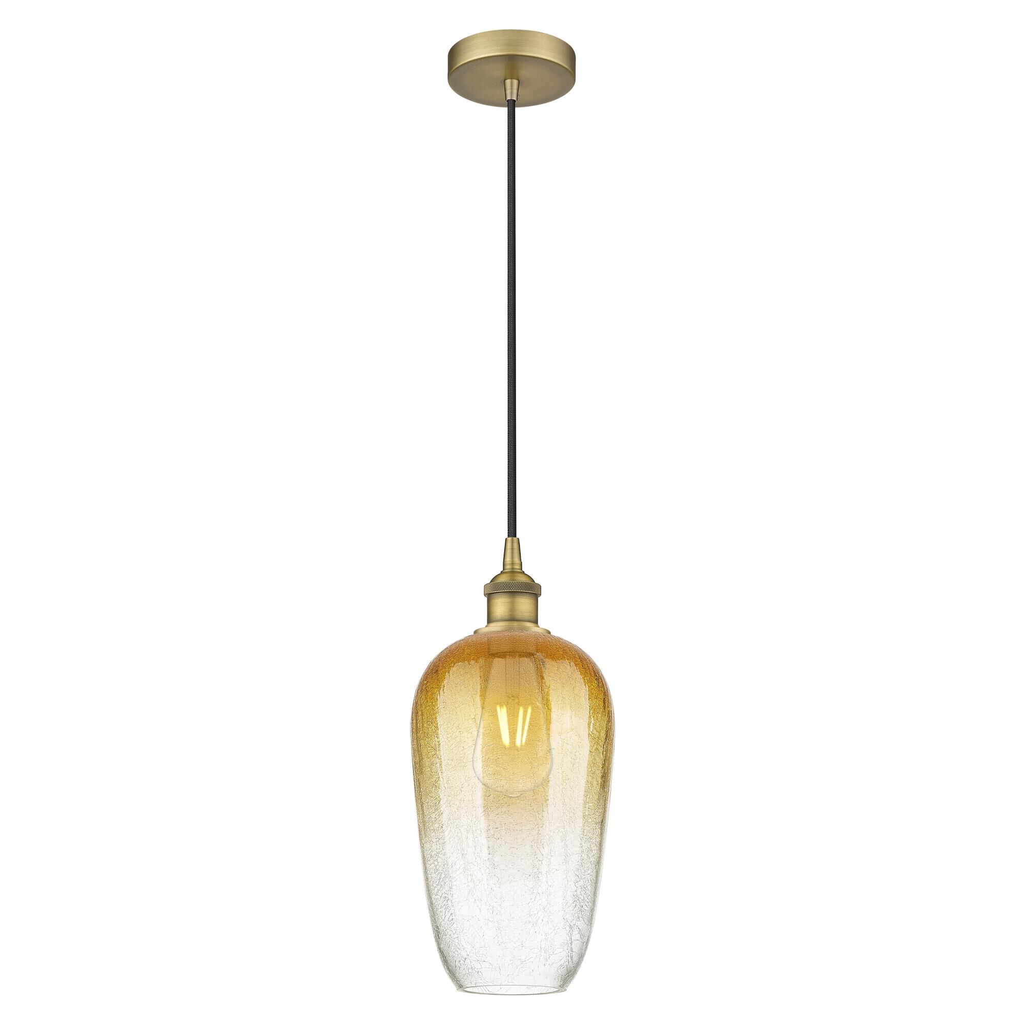 Shown in Brushed Brass finish and Amber glass