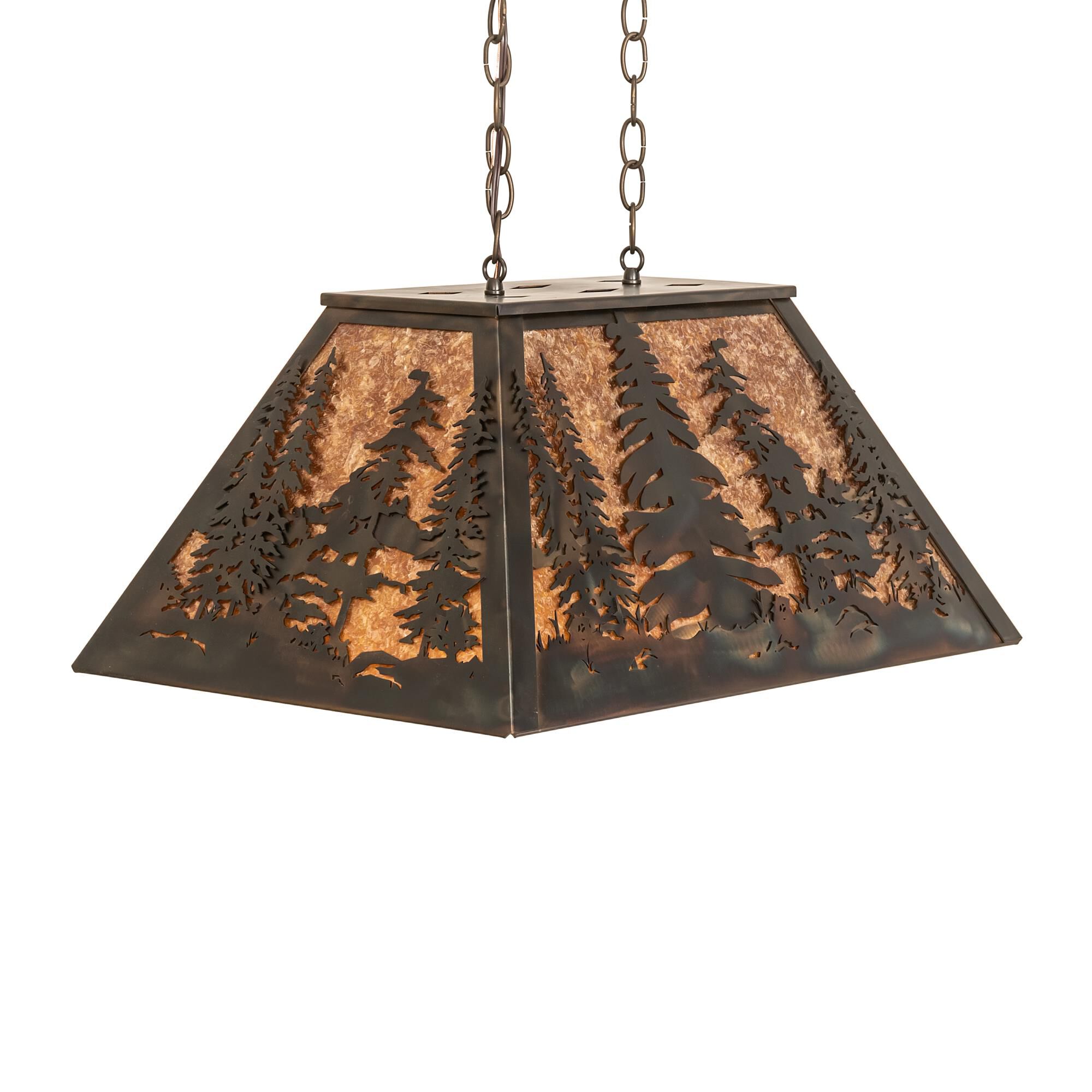 Shown in Antique Copper Finish;Burnished finish and Amber Mica glass