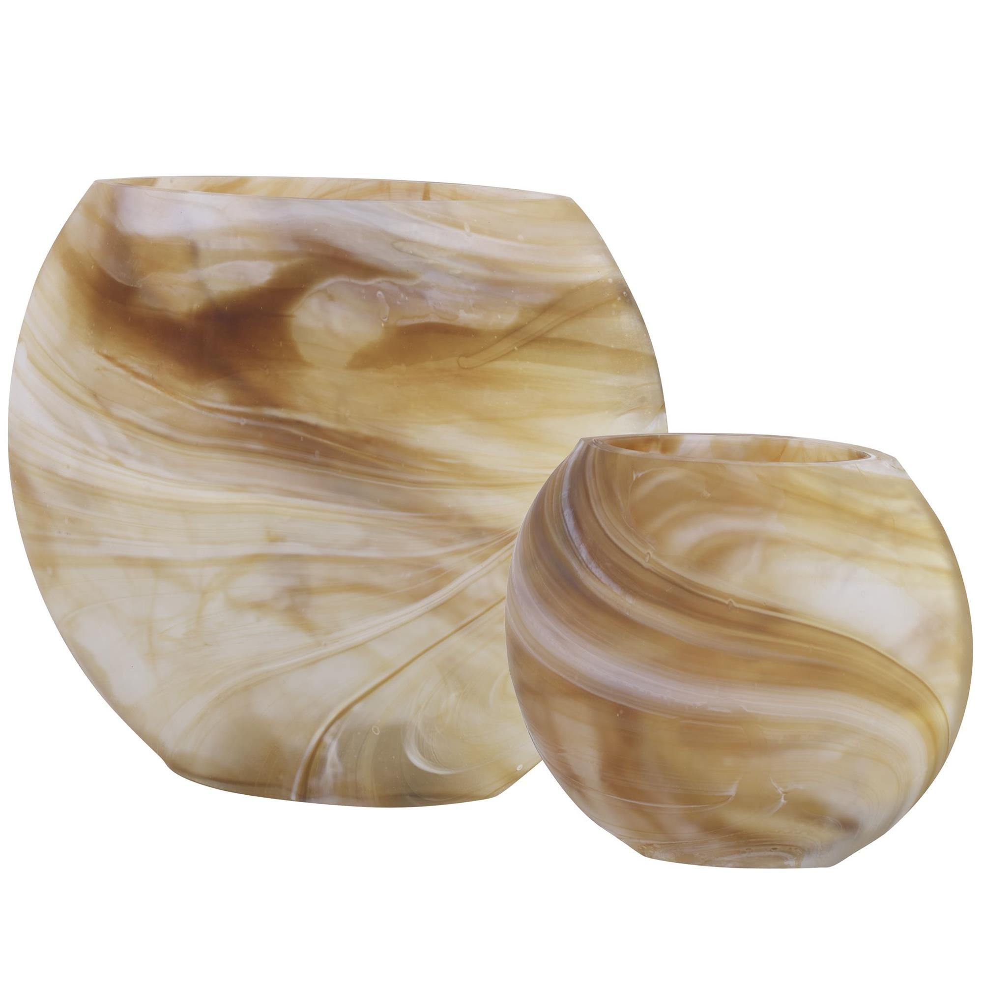 Shown in The Fusion Vases Are Crafted Entirely From Glass, In A Swirled Caramel, Ivory, And Tan Finish. Accen finish
