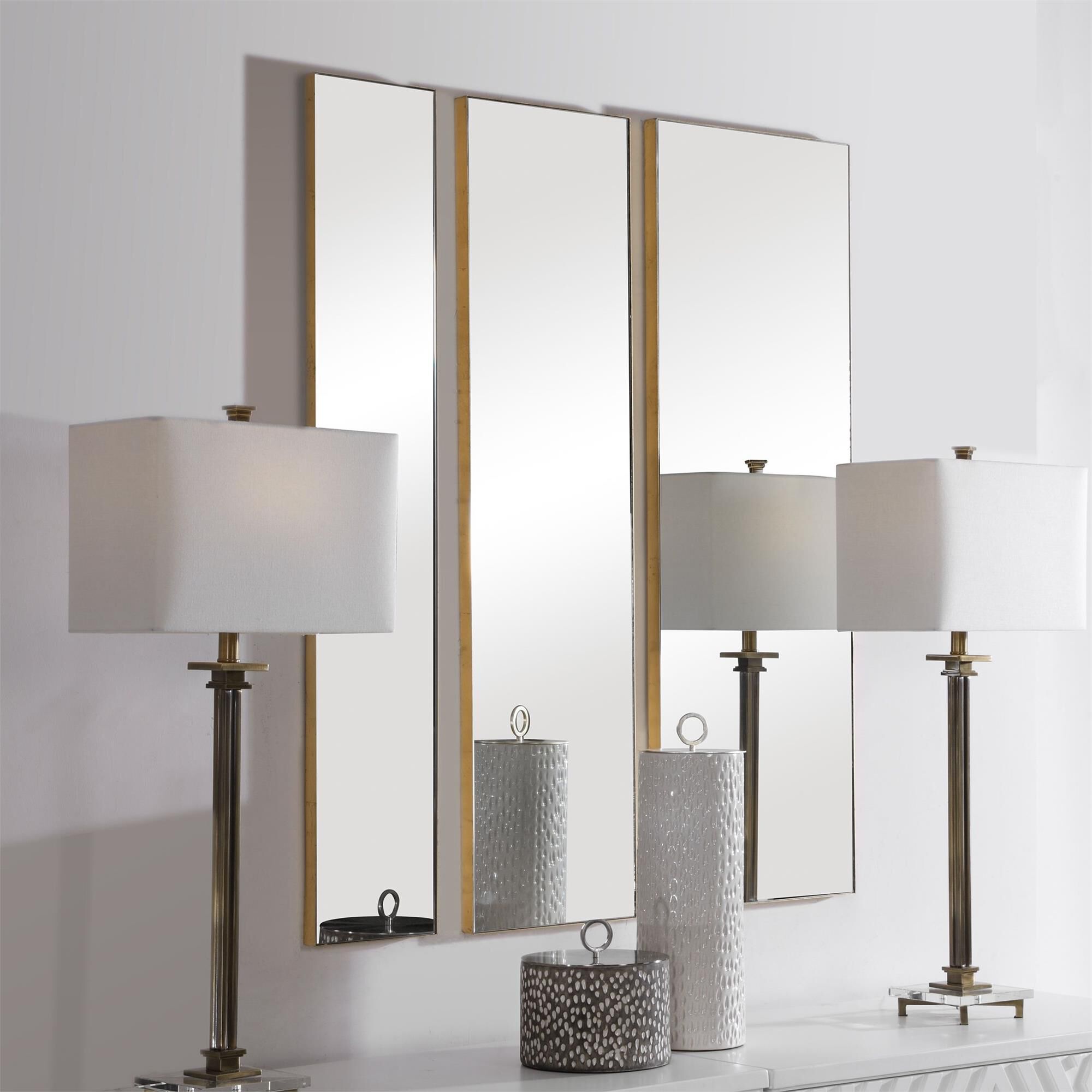 Shown in This Set Of Three Mirrors Showcase Simple, Clean Lines With Gold Leaf Finished Metal Profile Frames. finish