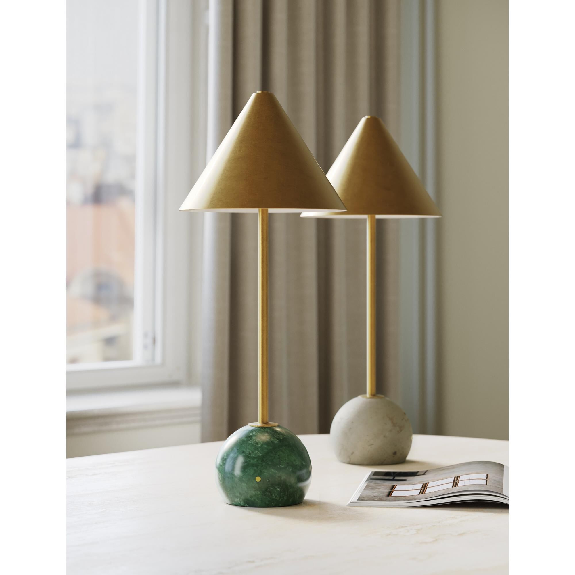 Shown in Antique Brass, Green finish and Antique Brass Metal shade