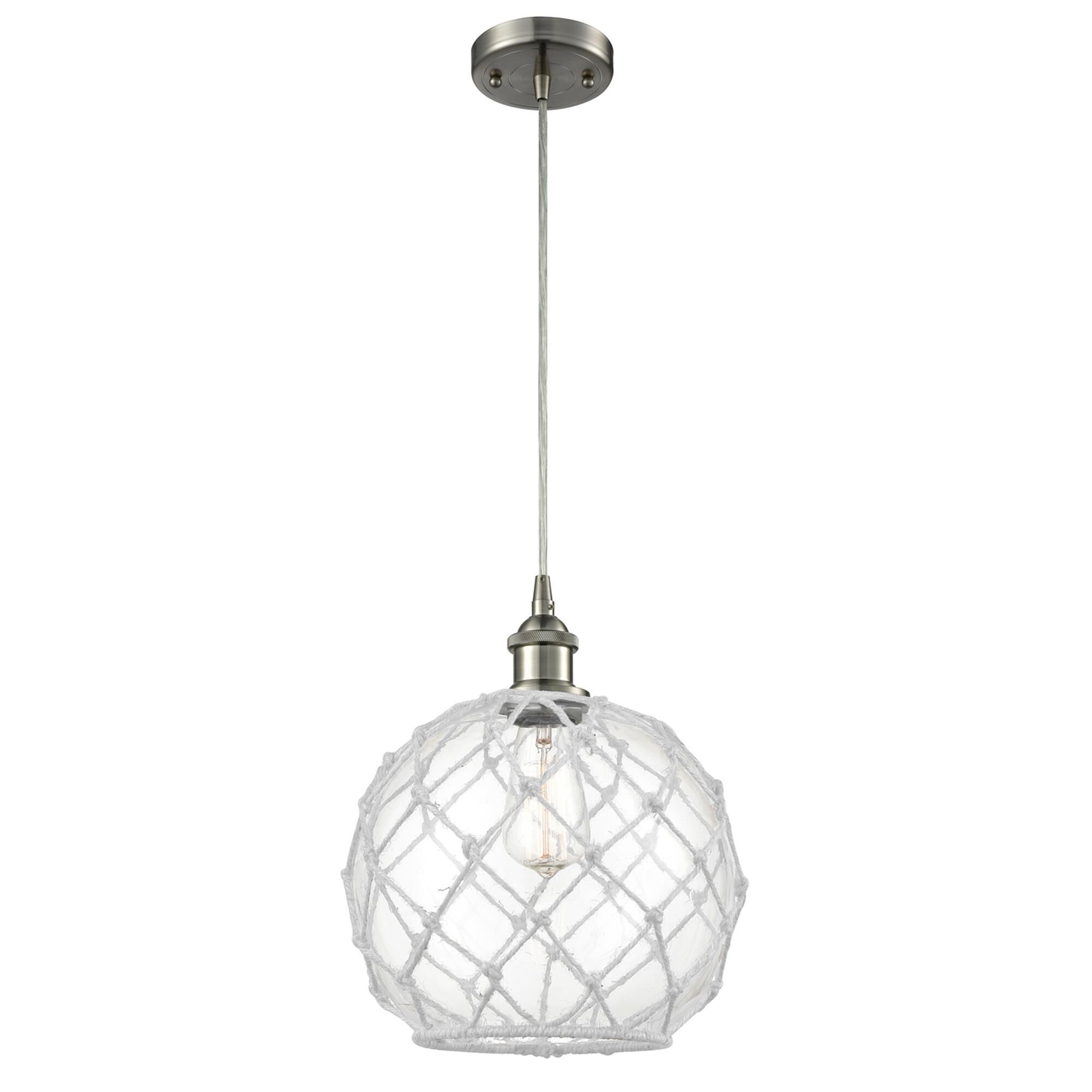 Shown in Brushed Satin Nickel finish and Clear With White Rope glass