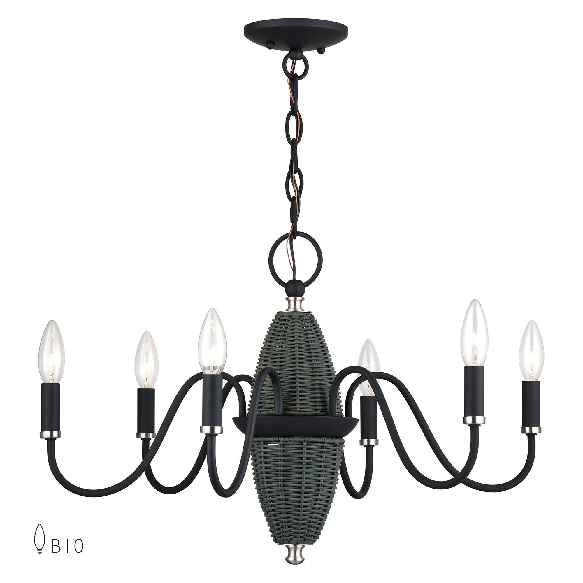 Shown in Black with Brushed Nickel Accents finish and Hand-Woven Charred Gray Color Rattan Column shade