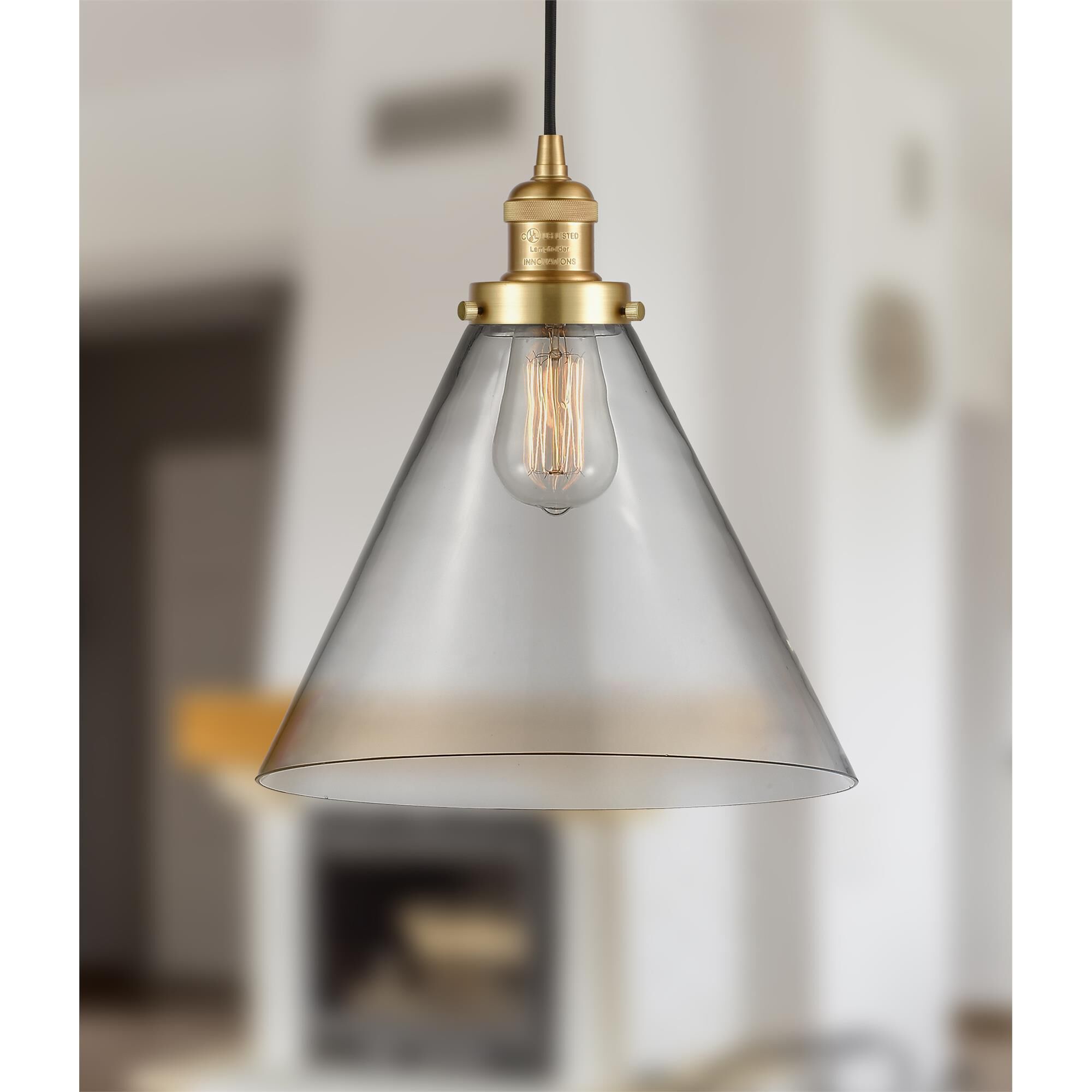 Shown in Satin Gold finish and Clear X-Large Cone glass