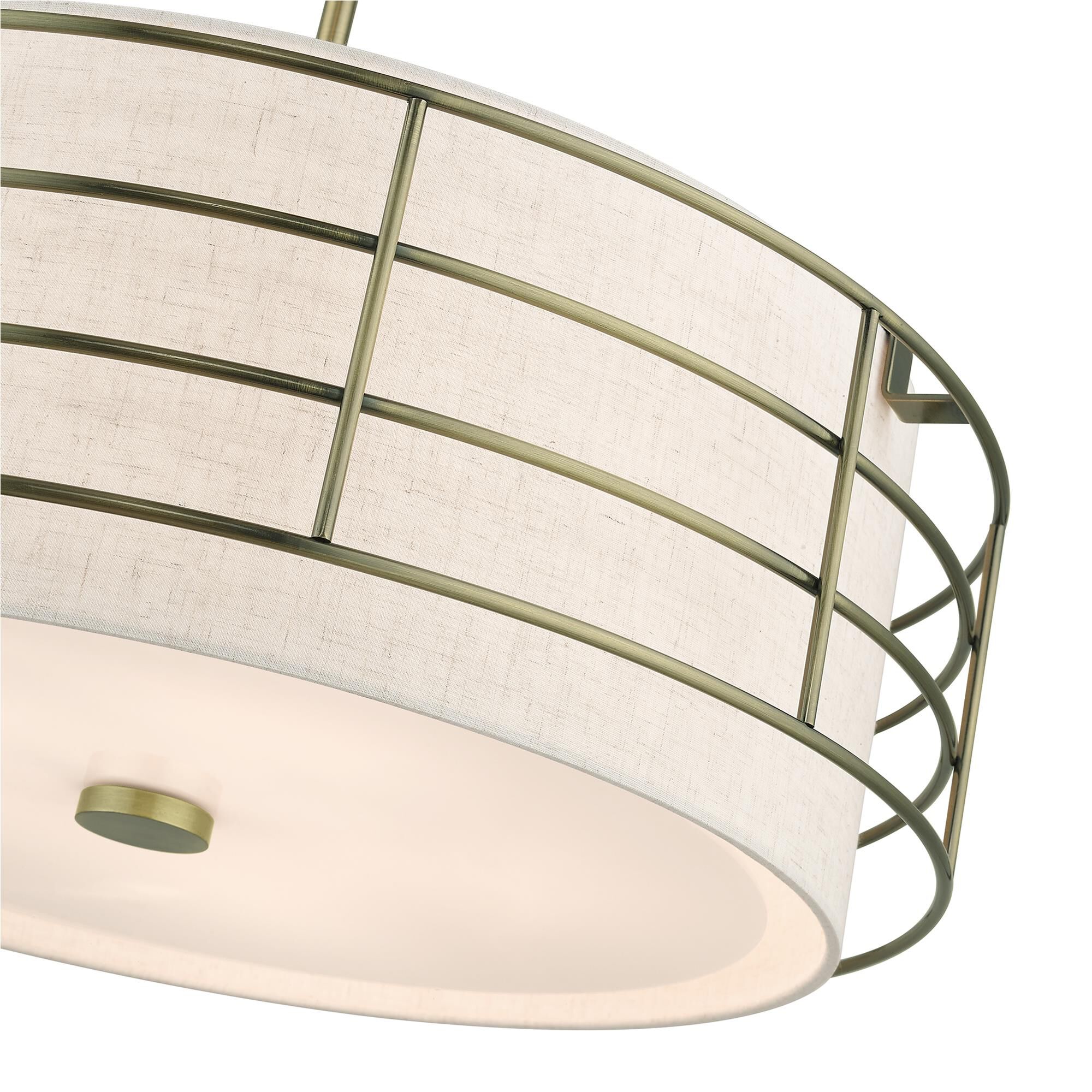 Shown in Antique Brass finish and Hand Crafted Oatmeal Color Hardback Fabric shade