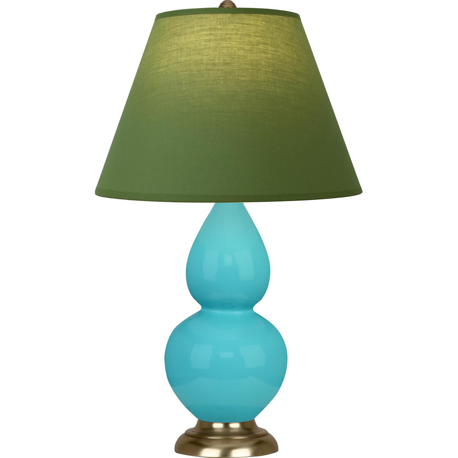 Shown in Egg Blue Antique Brass finish and Tea Green and Taupe shade and Antique Brass accent