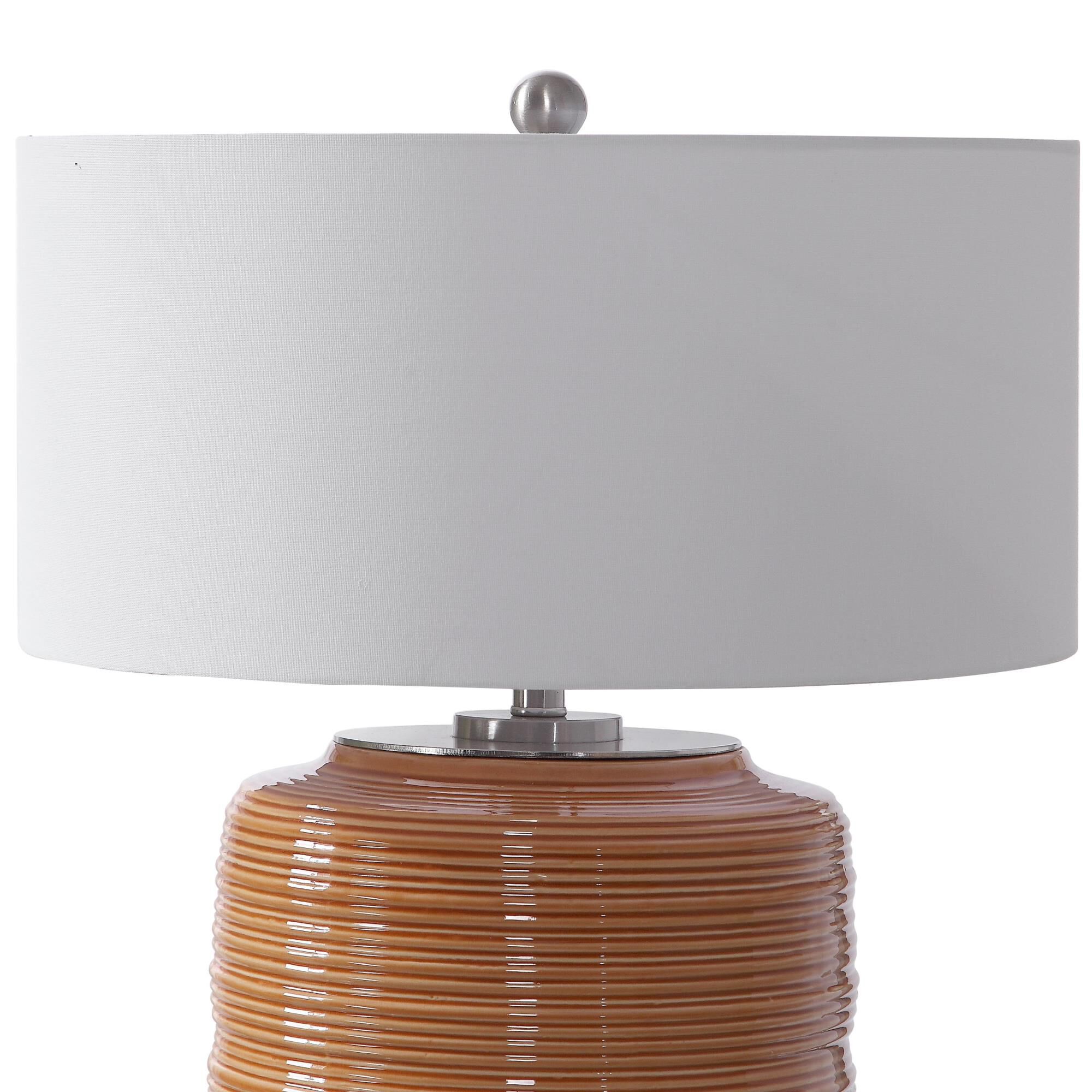 Shown in Add A Touch Of Retro Flair To A Design With This Ceramic Table Lamp. The Ribbed Base Is Finished In  finish and Round Drum Hardback shade