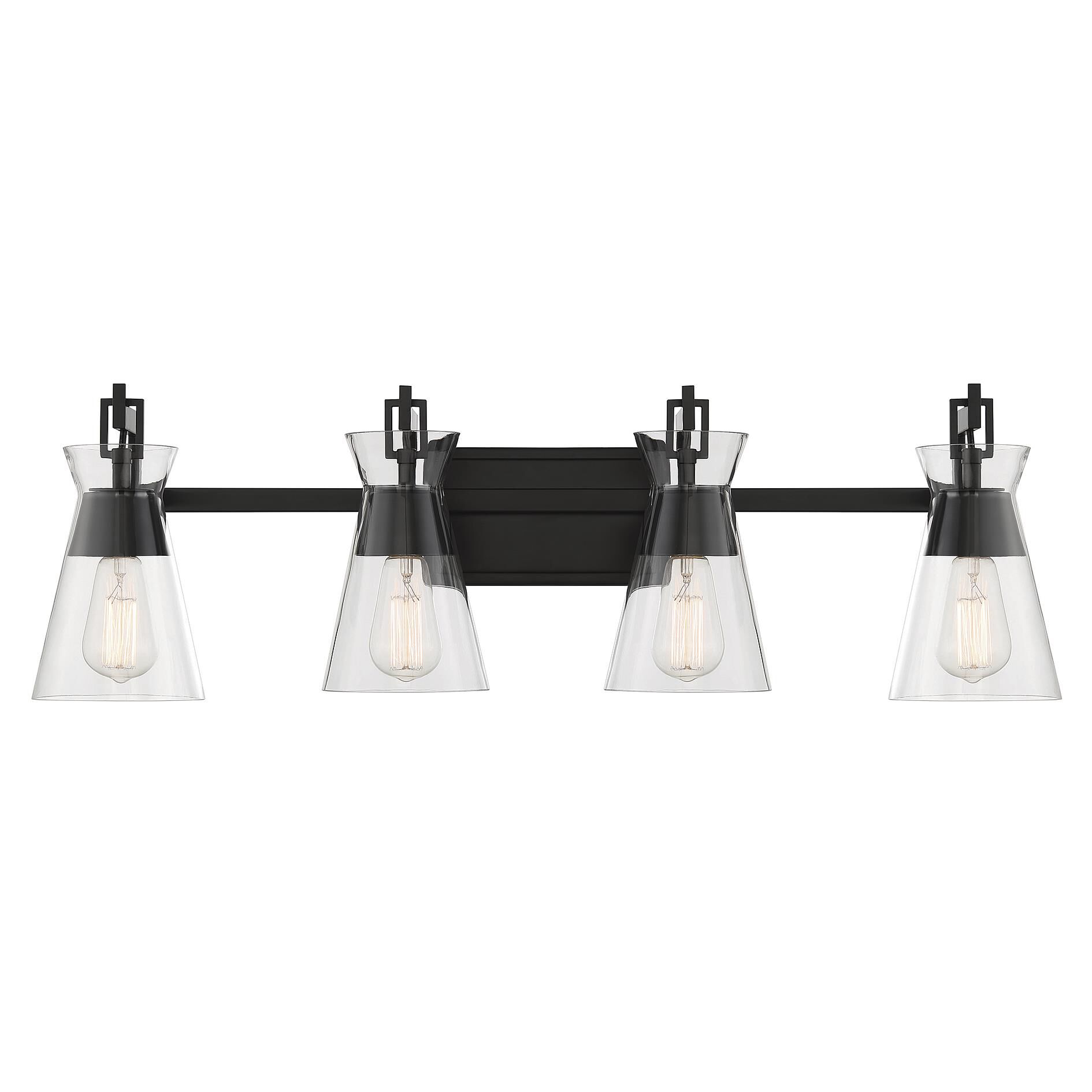 Shown in Matte Black finish and Clear glass and Glass shade