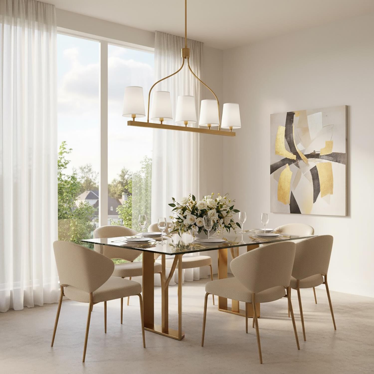 Shown in Brushed Gold finish and White Linen shade