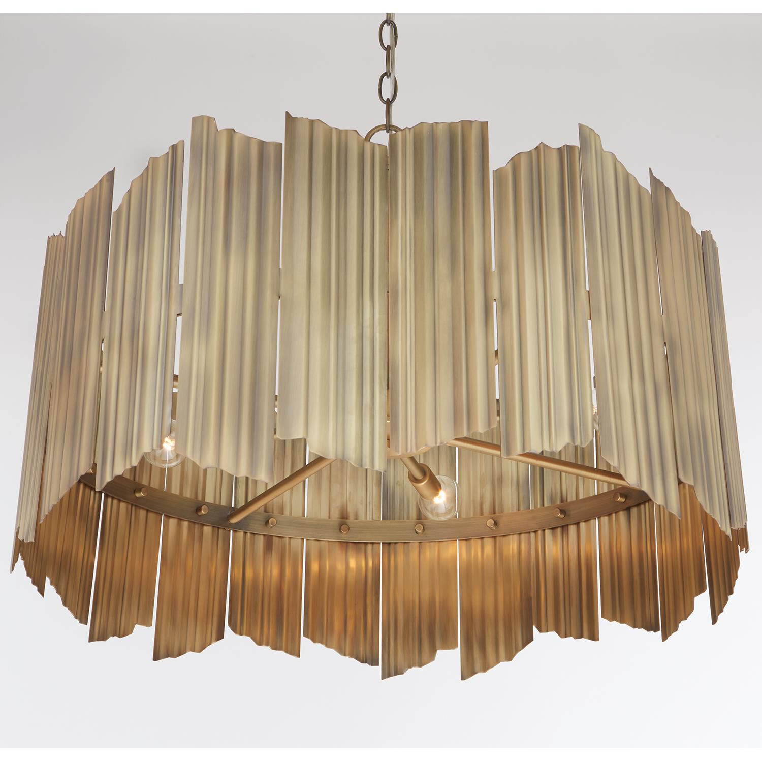 Shown in Aged Brass finish and Corrugated Metal Panels shade