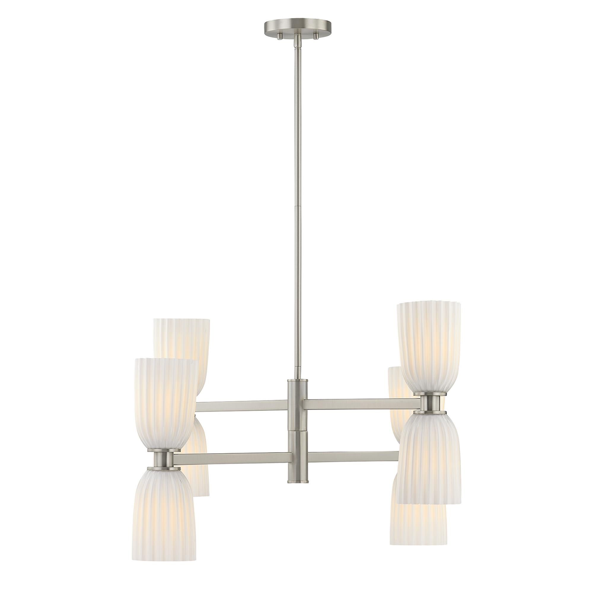 Shown in Satin Nickel finish and White Opal Ribbed glass