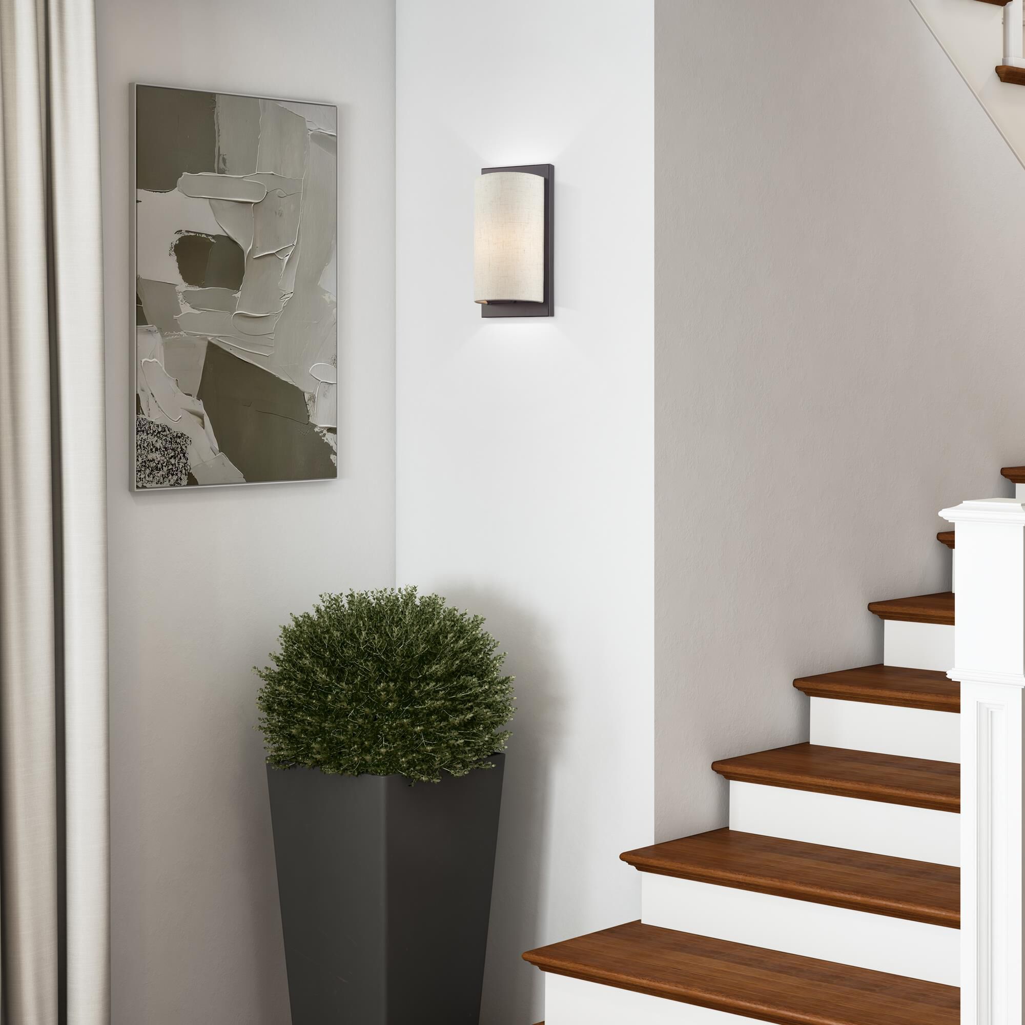 Shown in English Bronze finish and Hand Crafted Oatmeal Color Hardback with White Fabric Inside shade