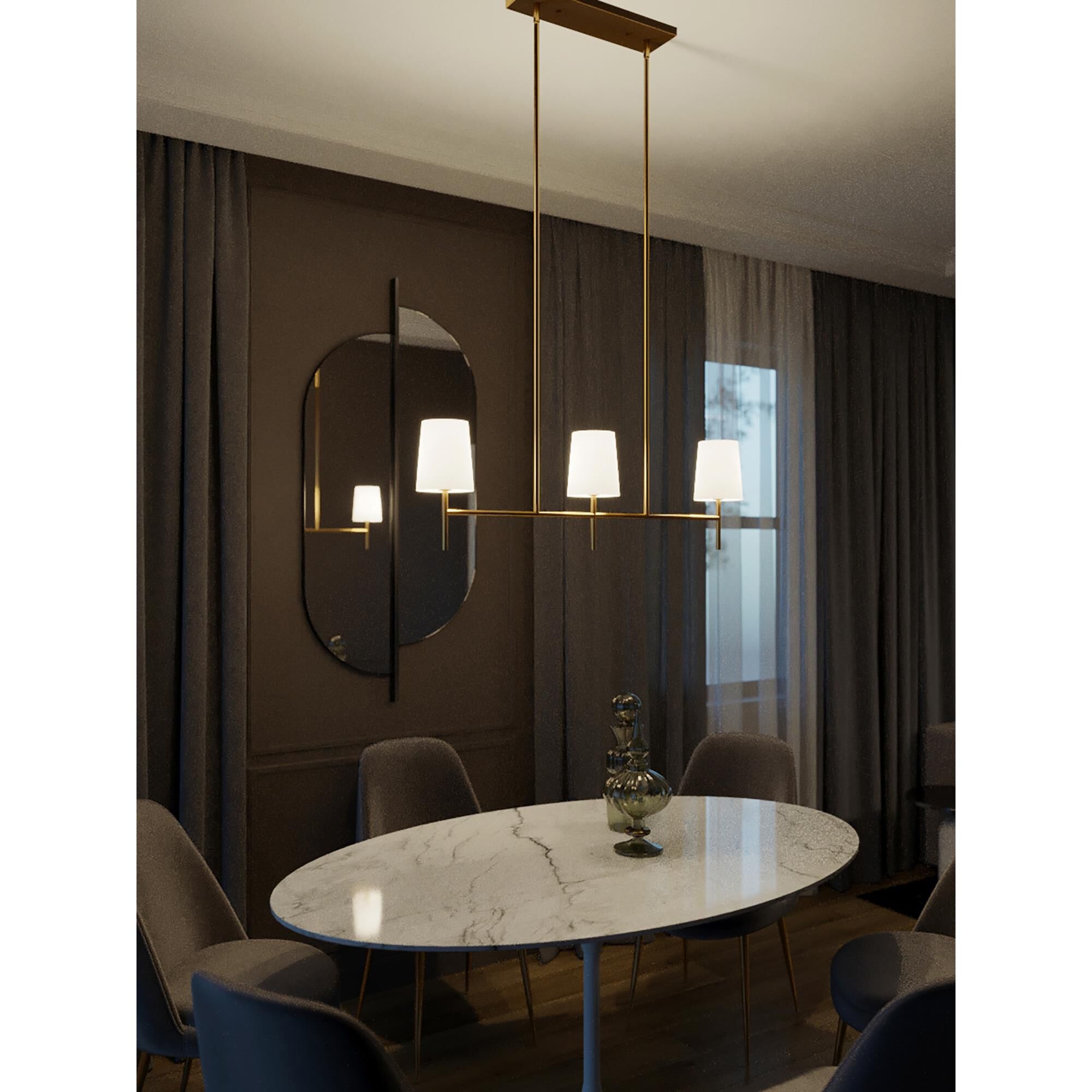 Shown in Satin Brass finish and White Linen shade