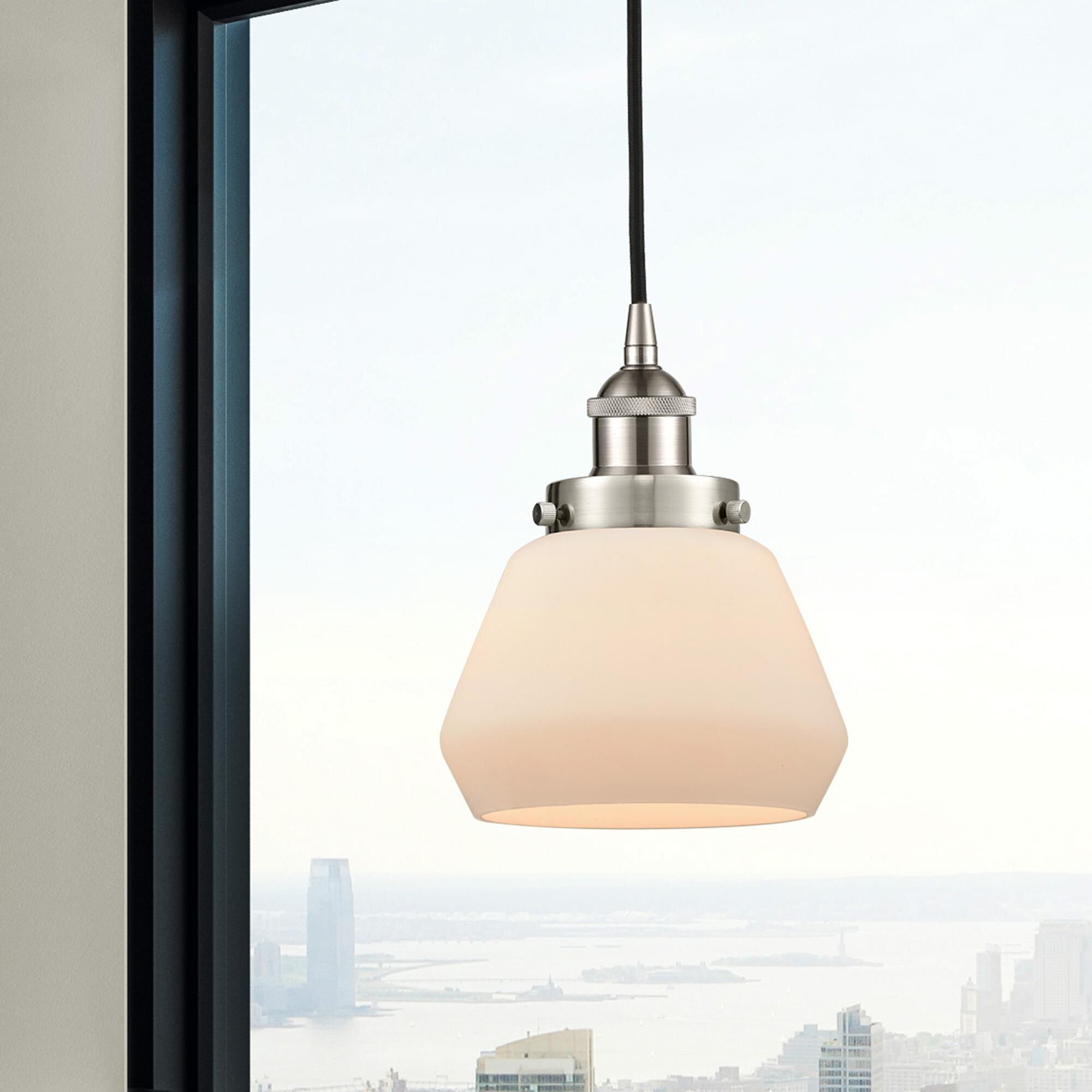 Shown in Brushed Satin Nickel finish and Matte White glass