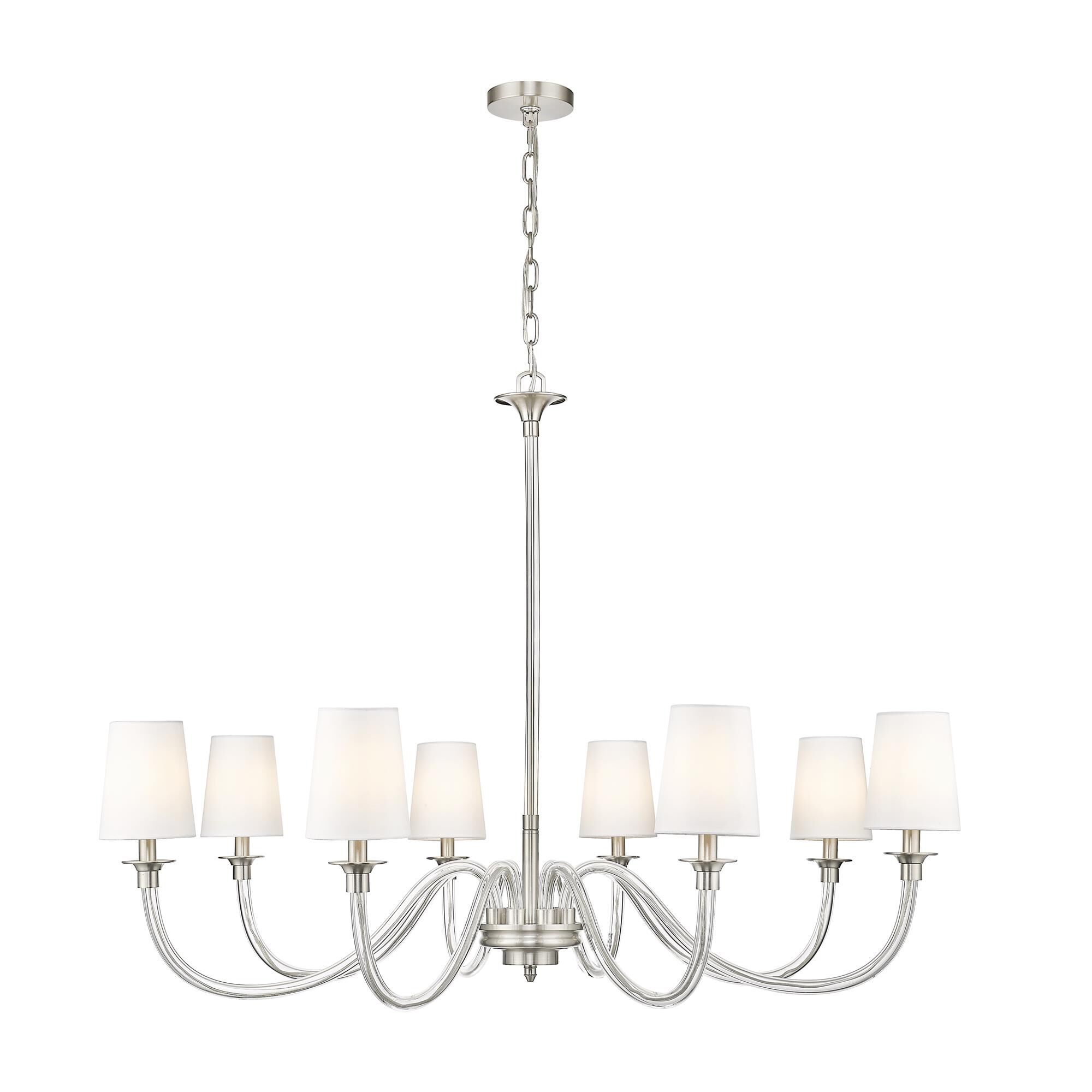 Shown in Brushed Nickel finish and White glass and White shade