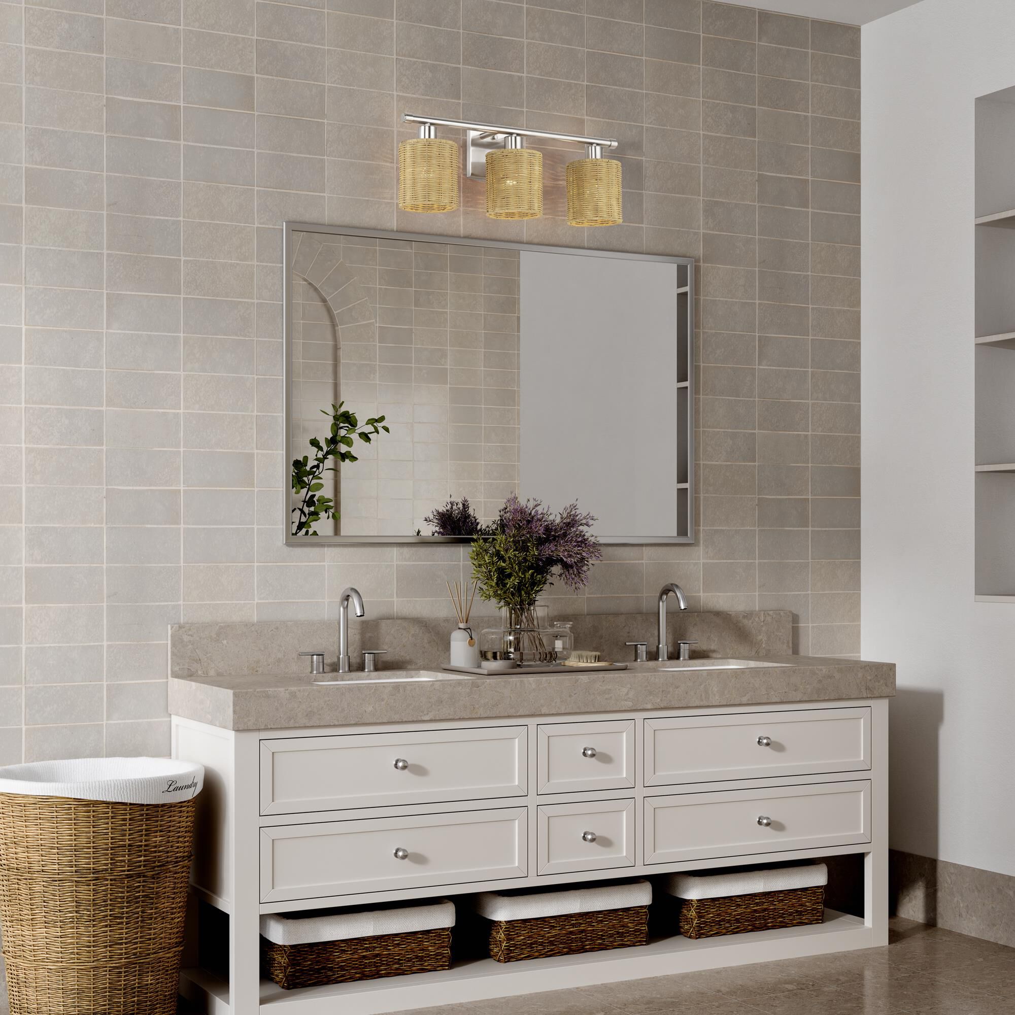 Shown in Brushed Nickel finish and Hand-Woven Rustic Walnut Color Rattan shade