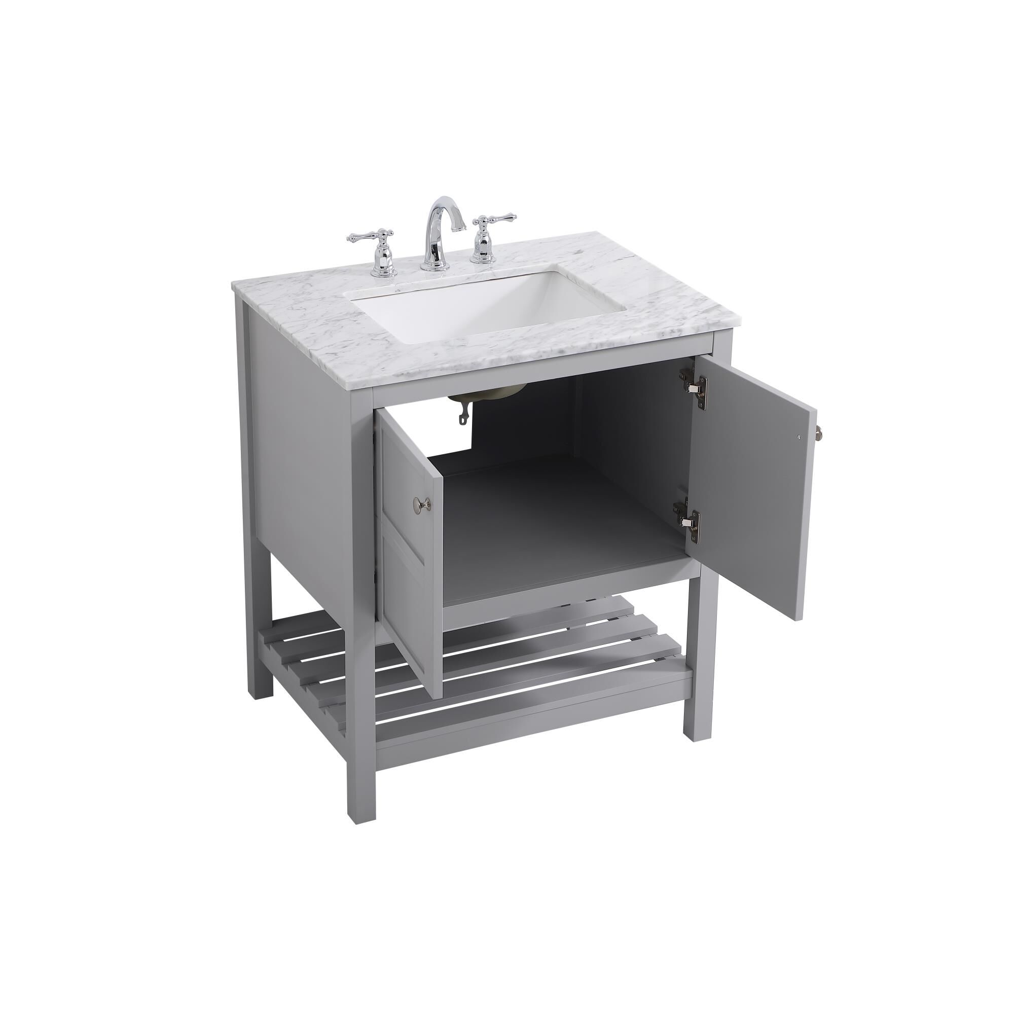 Shown in Gray And Brushed Nickel With Carrara White Marble finish