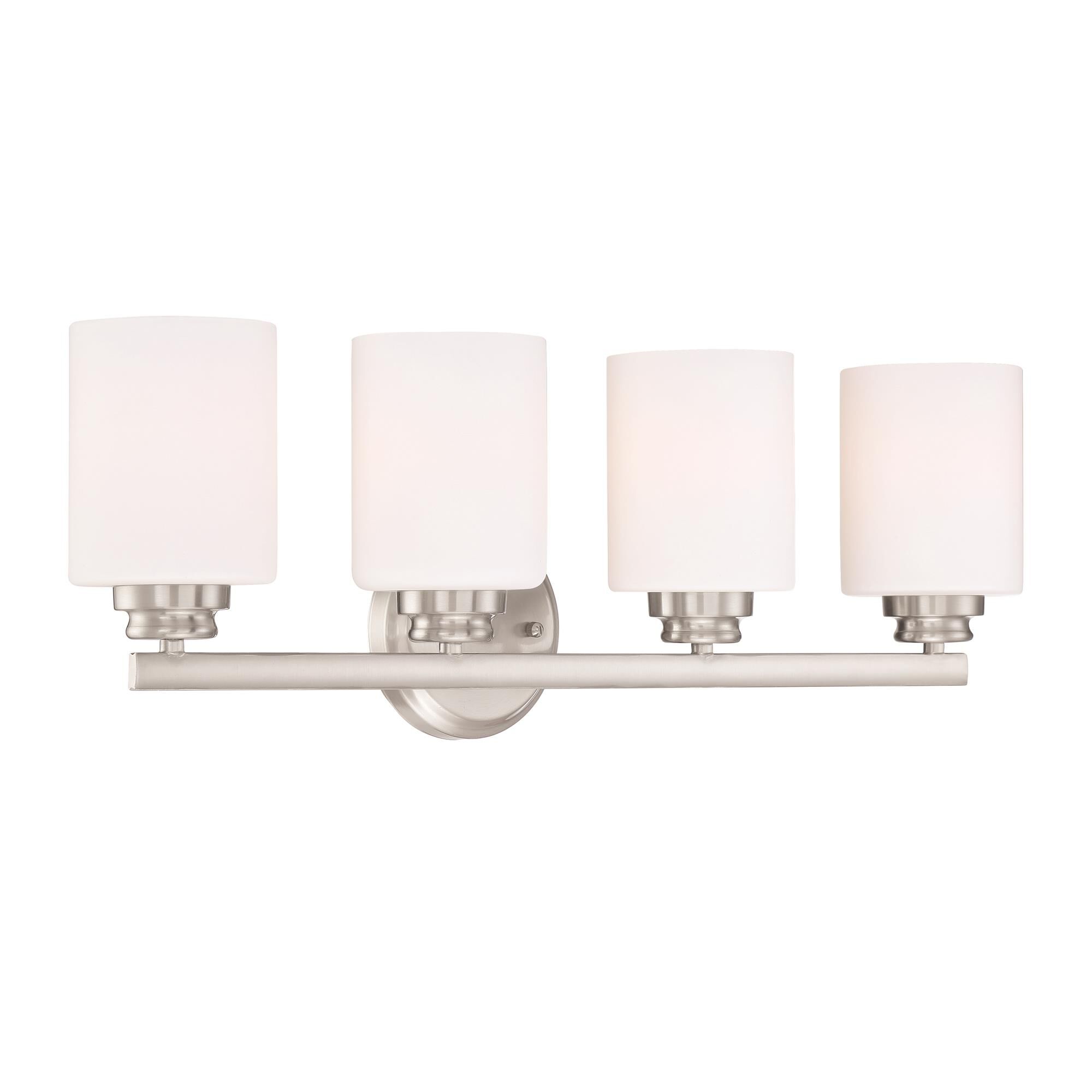 Shown in Brushed Polished Nickel finish and White Frosted glass and Glass shade
