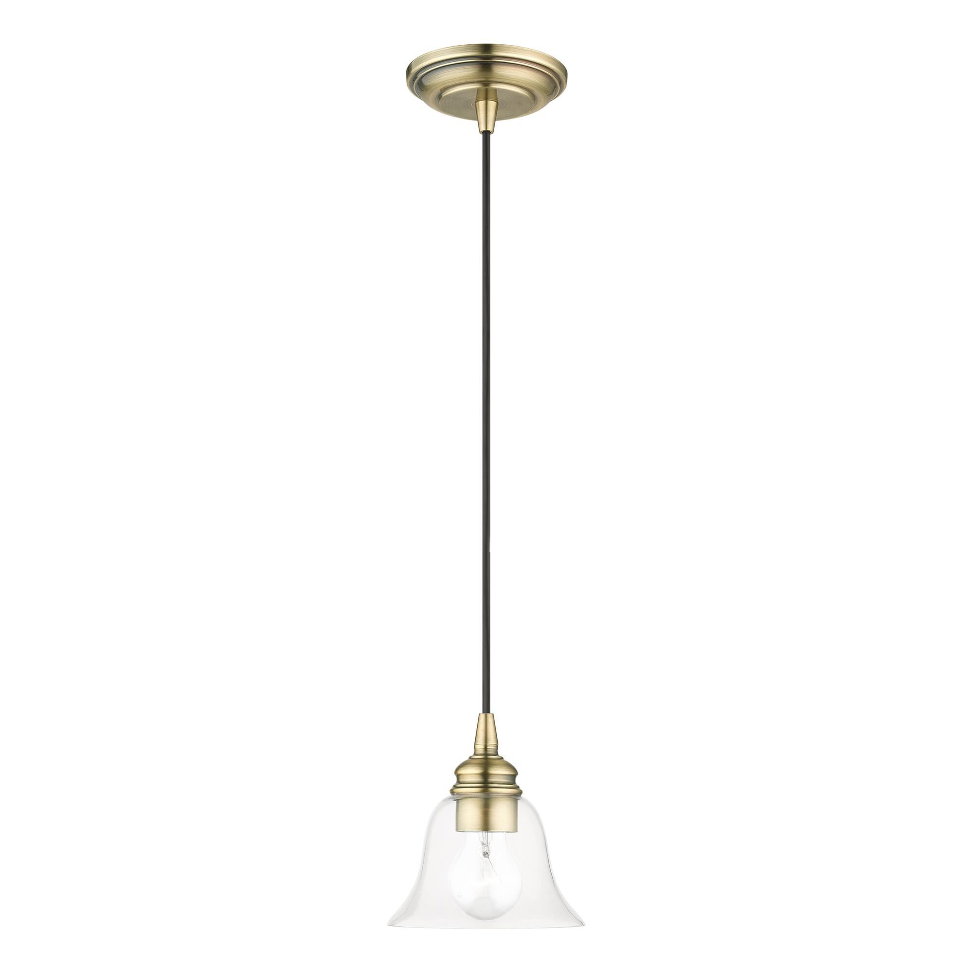 Shown in Antique Brass finish and Hand Blown Clear glass