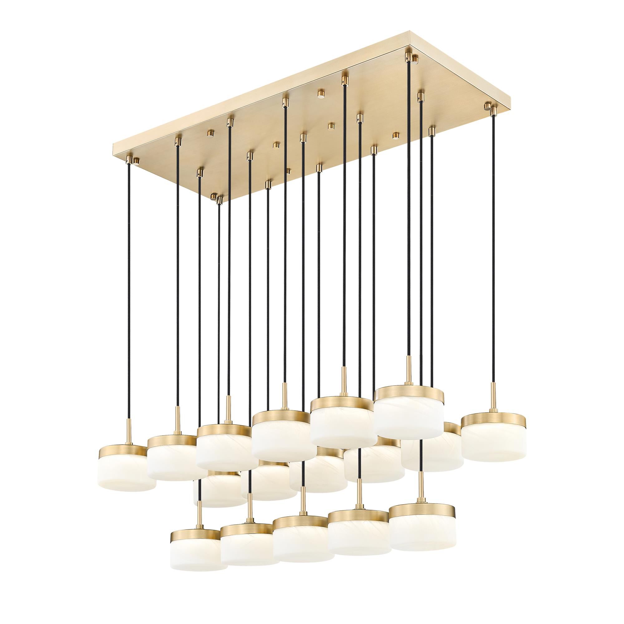 Shown in Modern Gold finish and Feathered White glass