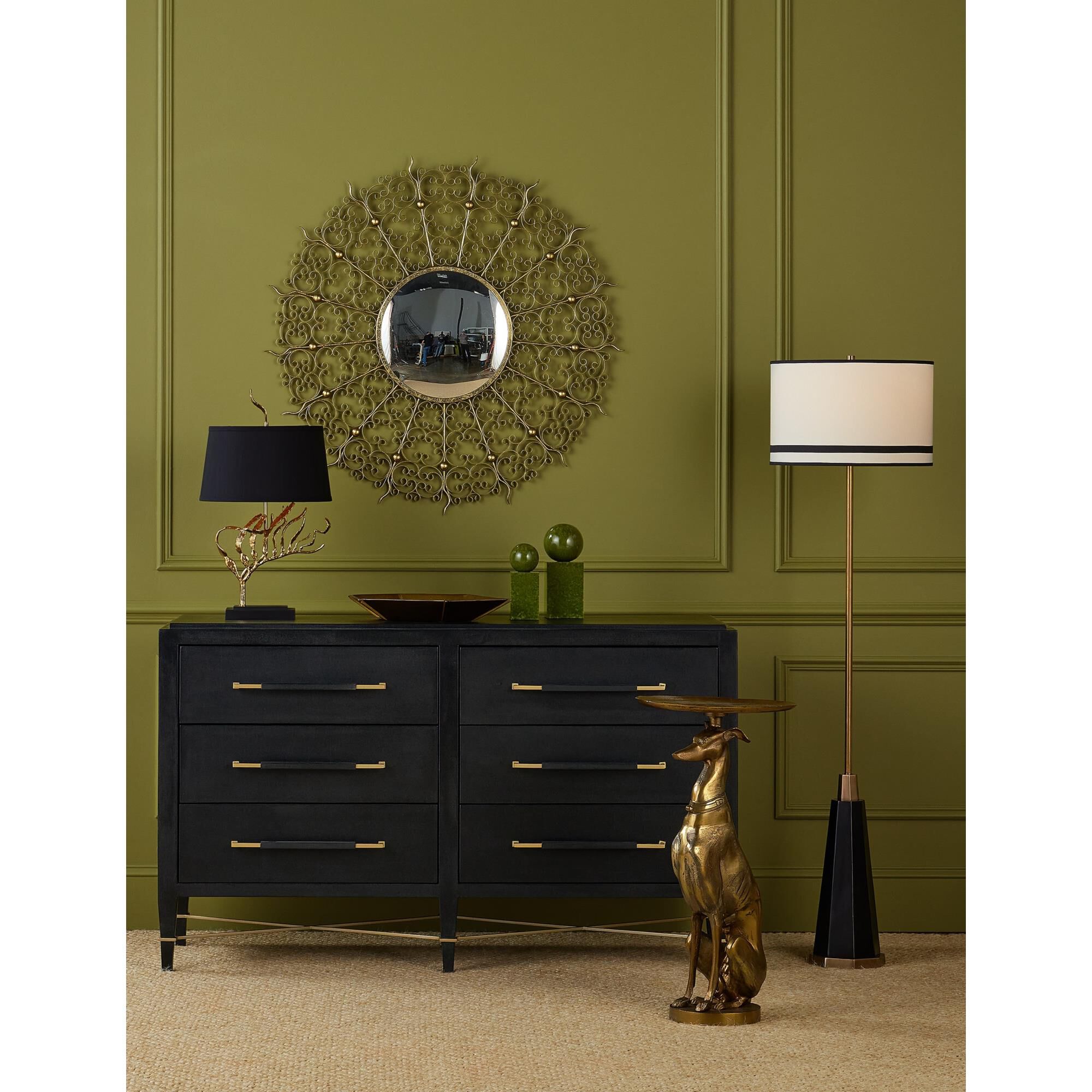 Shown in Black, Bronze and Antique Brass finish and Off-White Polyester/Black Trim shade