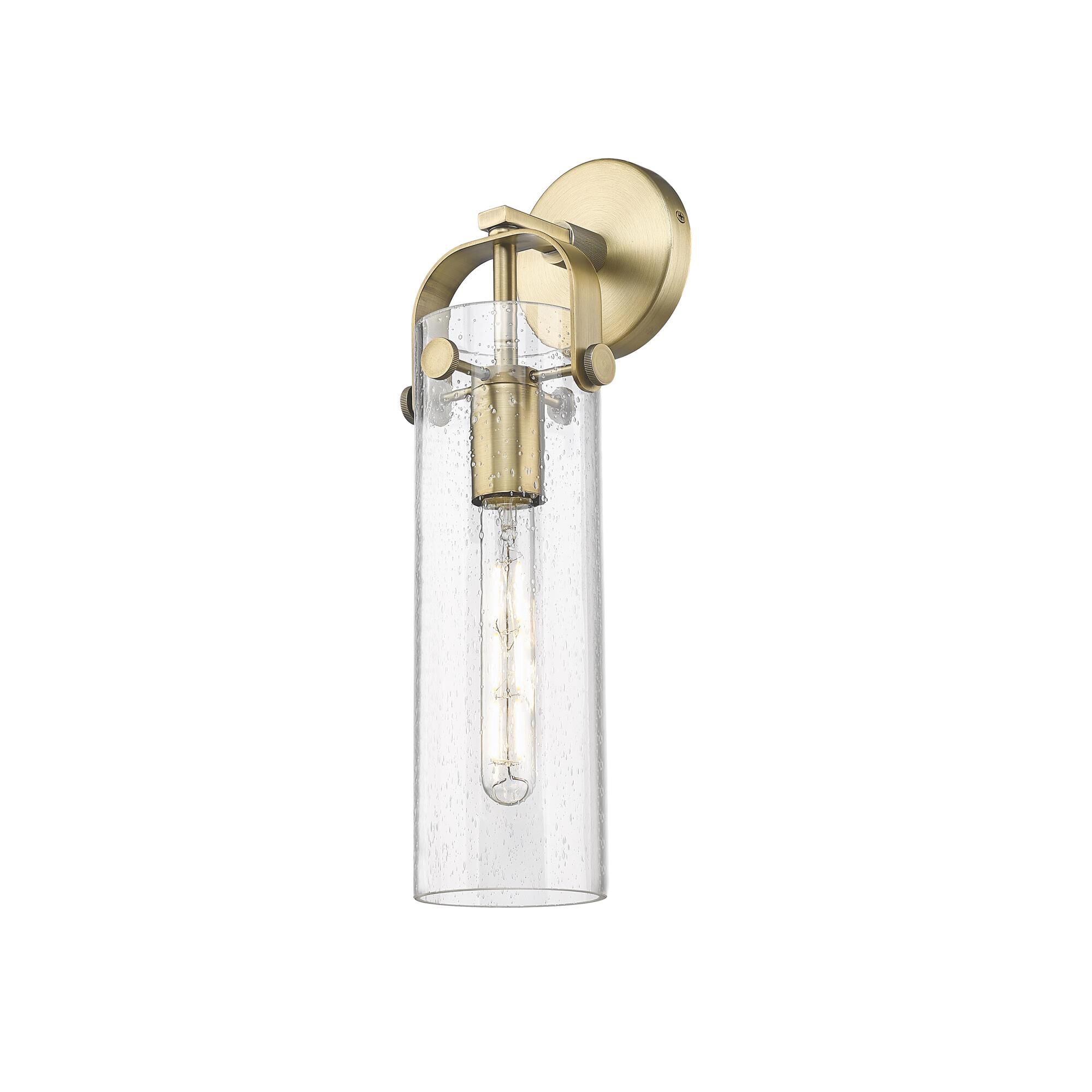Shown in Brushed Brass finish and Seedy glass