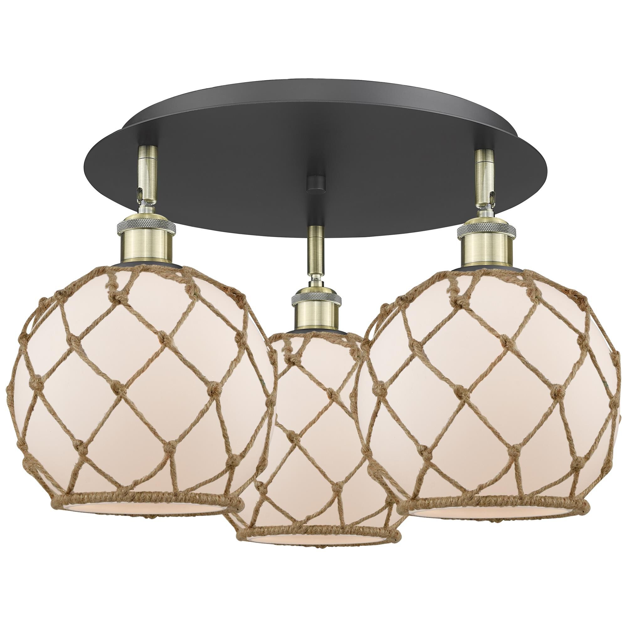 Shown in Black Antique Brass finish and White with Brown Rope glass
