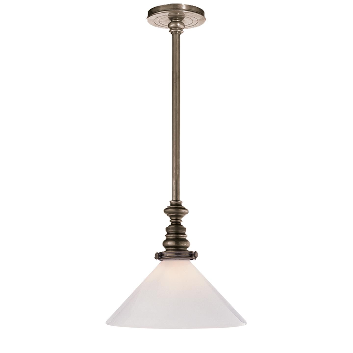 Shown in Antique Nickel finish and White Glass Slant shade