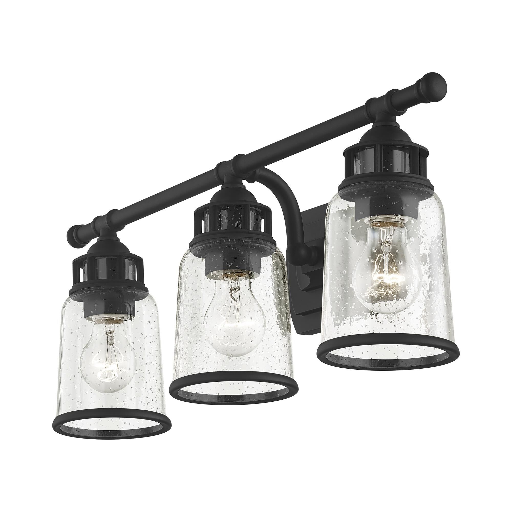 Shown in Black finish and Hand Blown Clear Seeded glass and Hand Blown Clear Seeded Glass shade
