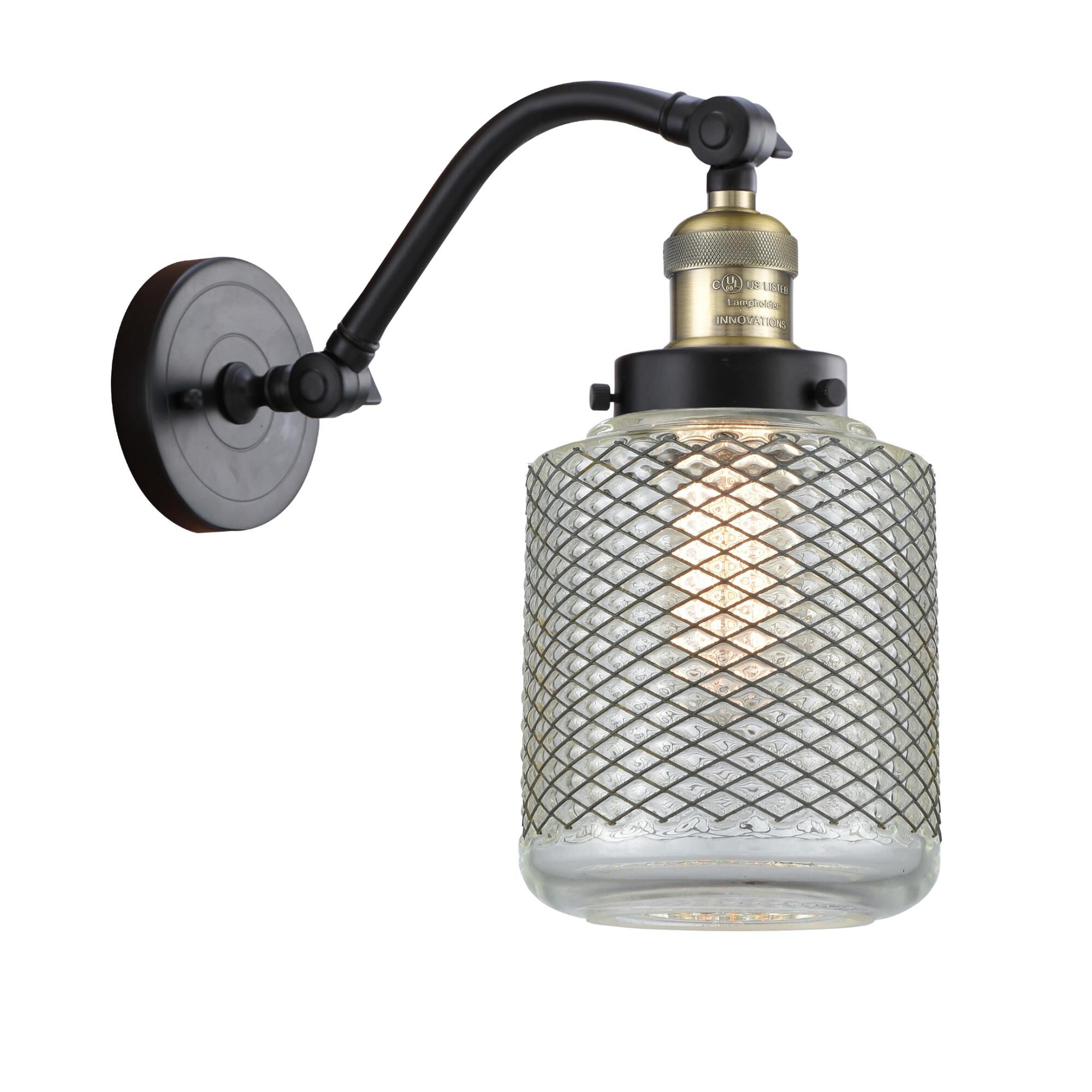 Shown in Black Antique Brass finish and Vintage Wire Mesh Stanton glass