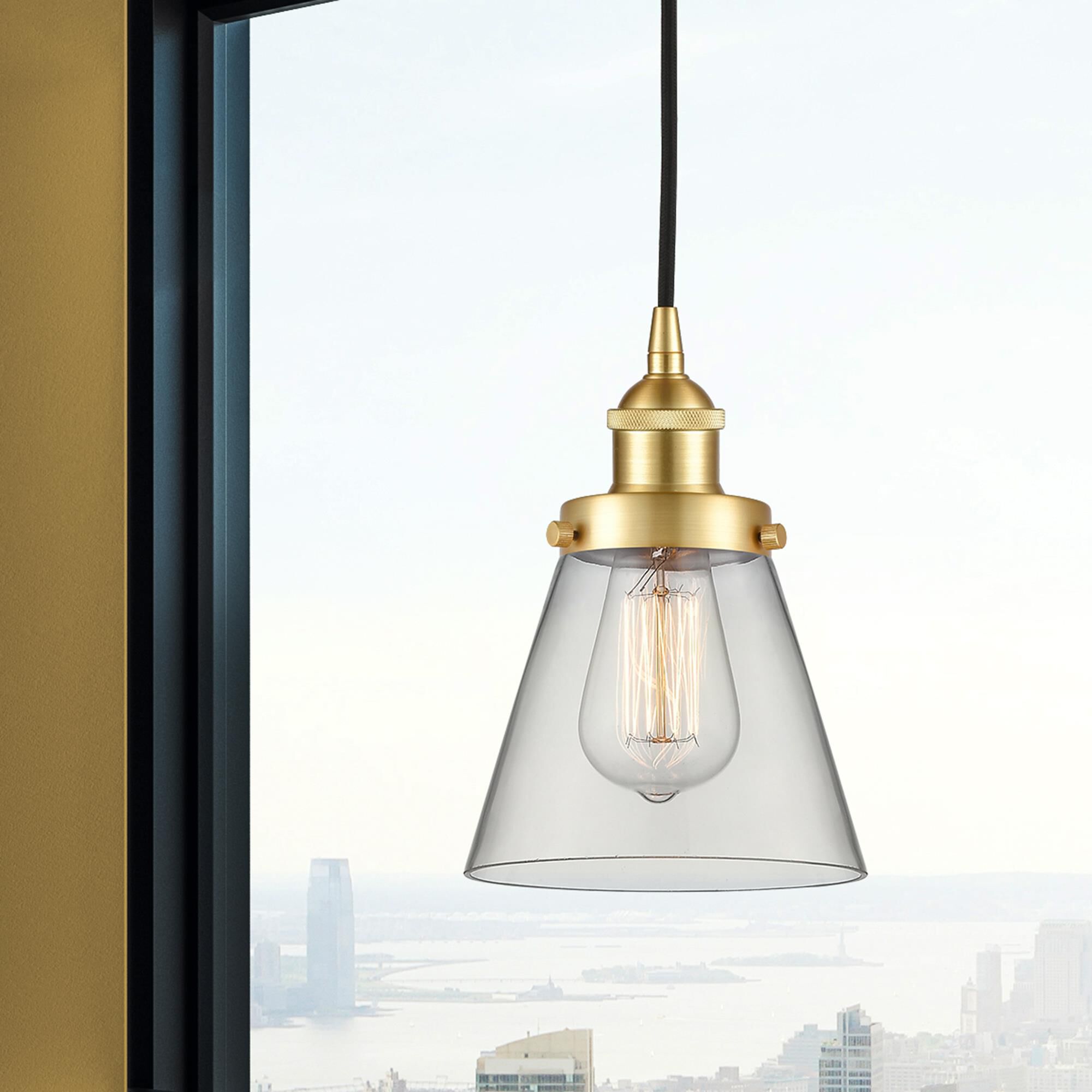 Shown in Satin Gold finish and Clear Small Cone glass