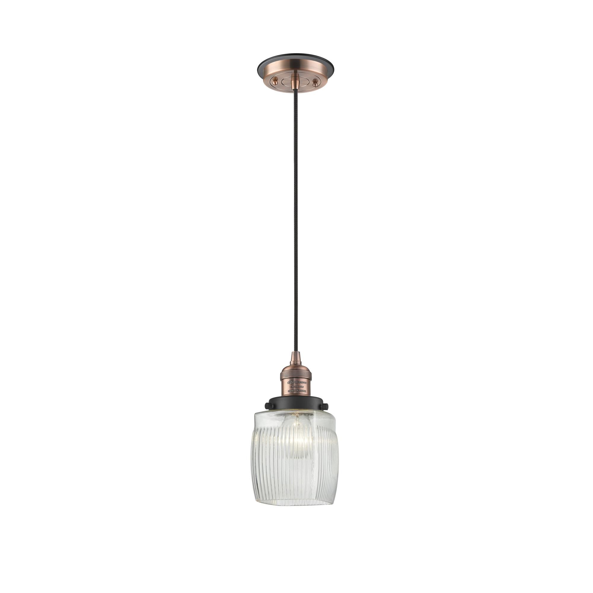 Shown in Antique Copper finish and Thick Clear Halophane Colton glass and Matte Black accent
