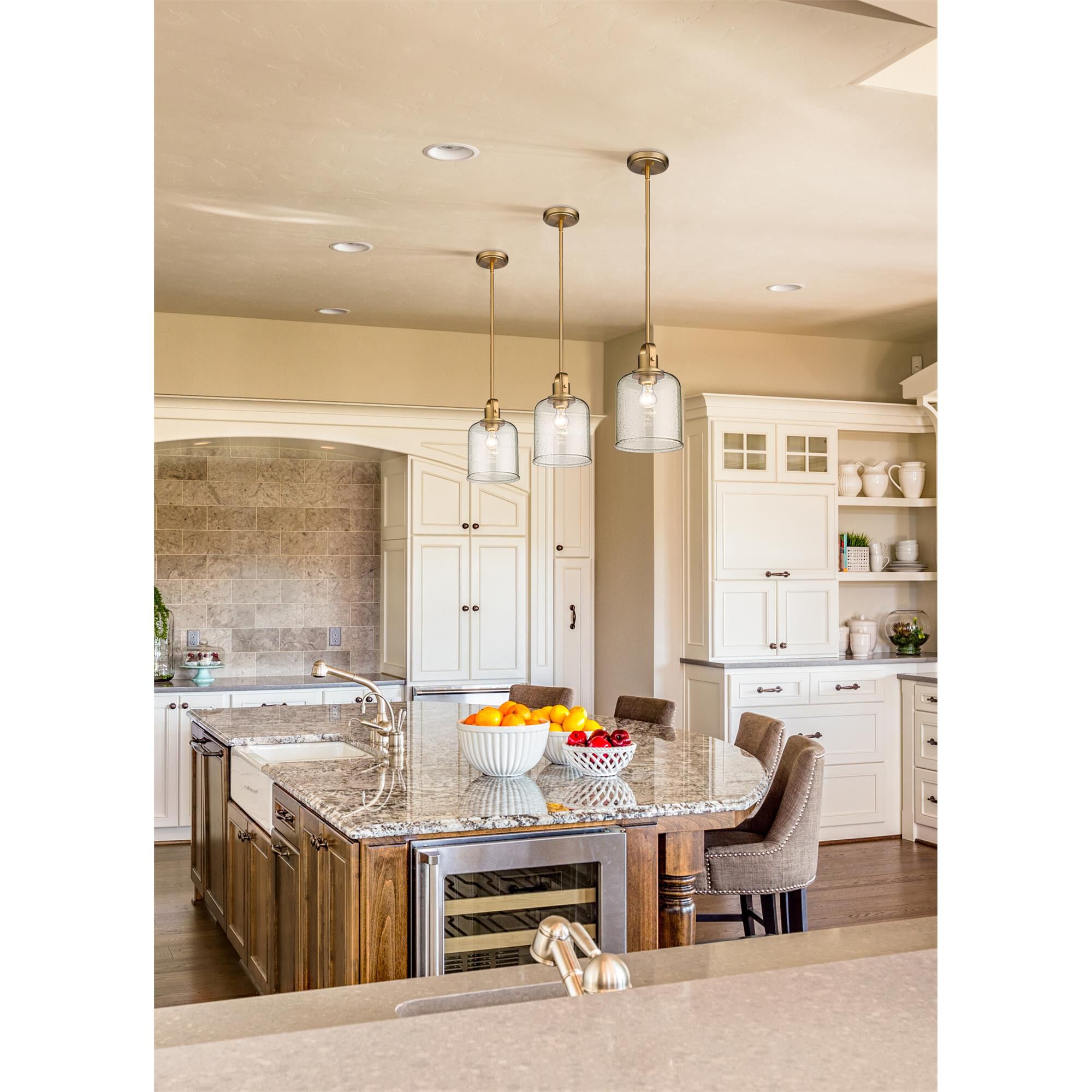 Shown in Heirloom Gold finish and Clear Seeded glass and No Shade shade