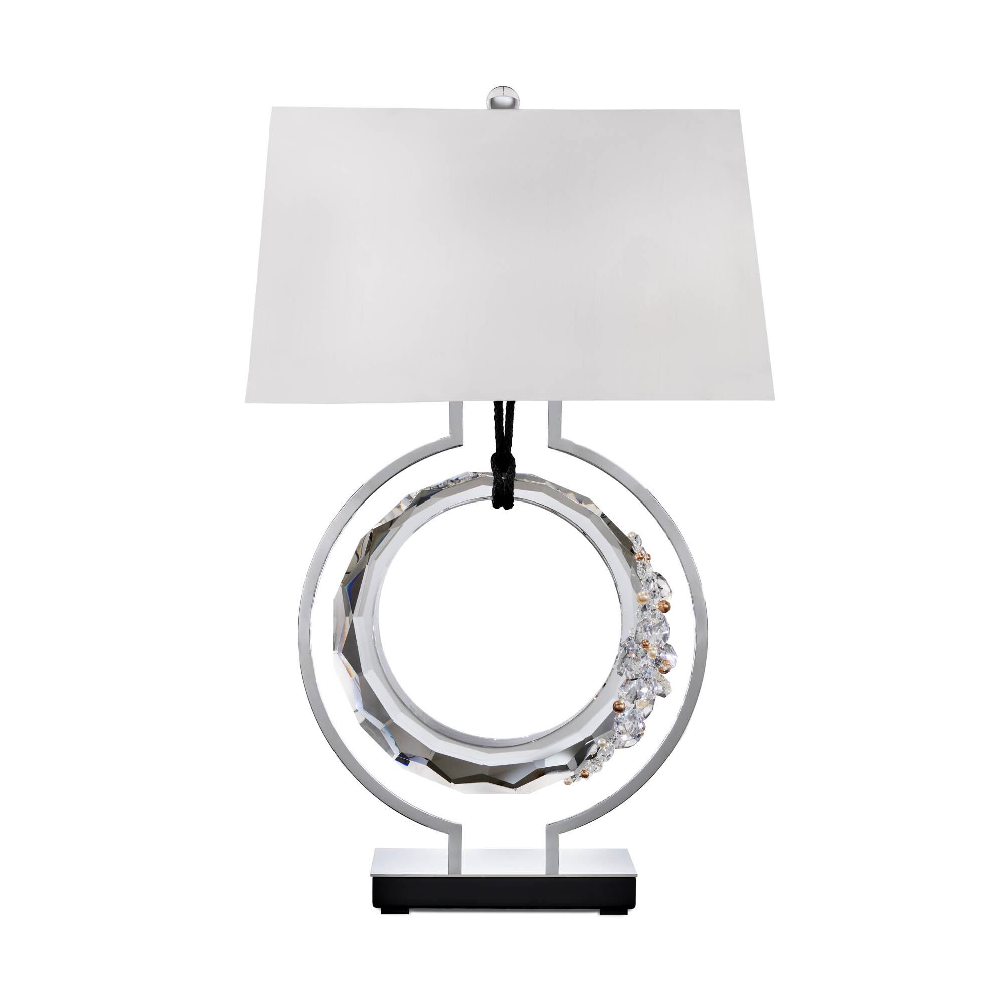 Shown in Polished Chrome With Black Rope finish and Radiance crystal and Fabric glass
