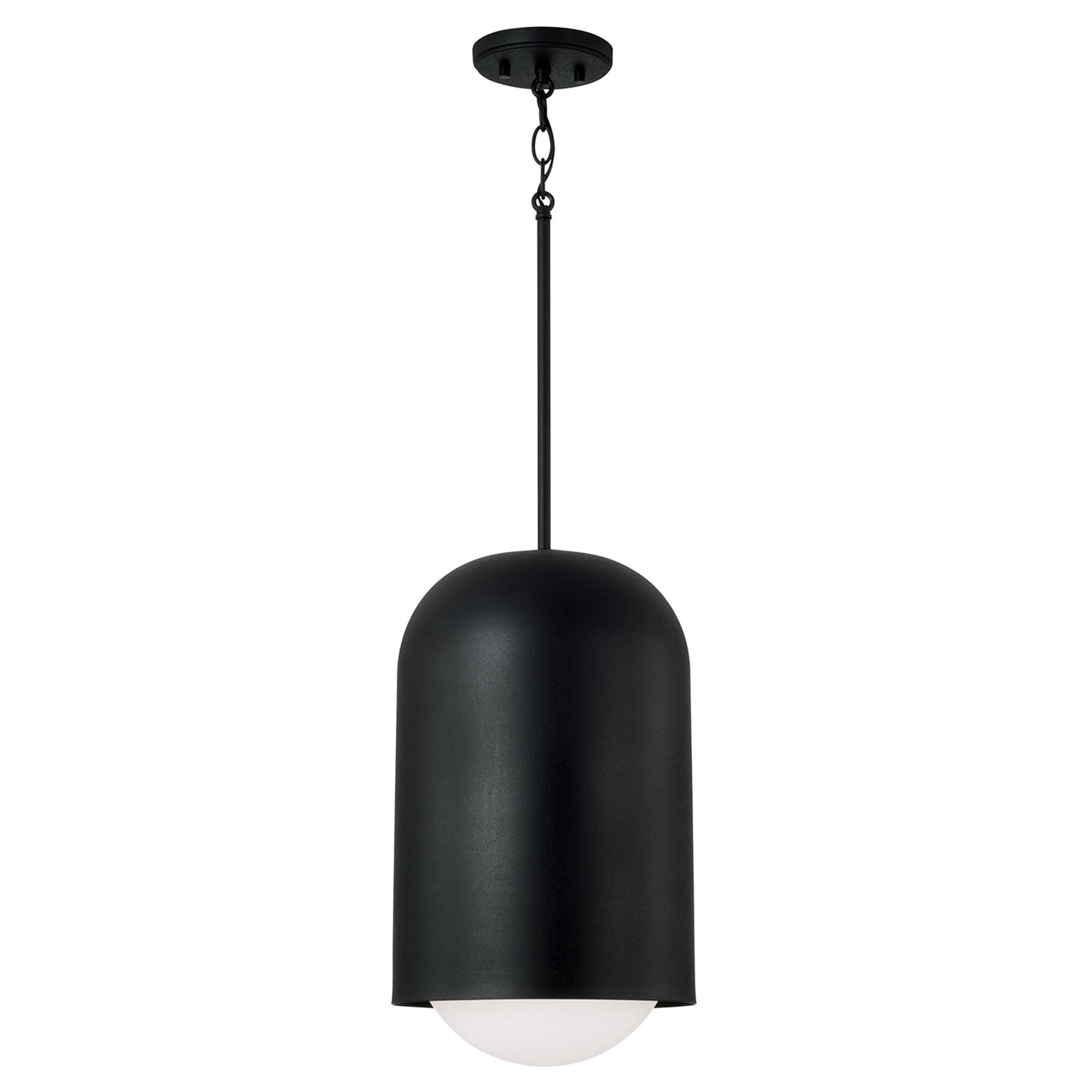 Shown in Black Iron finish and Soft White glass