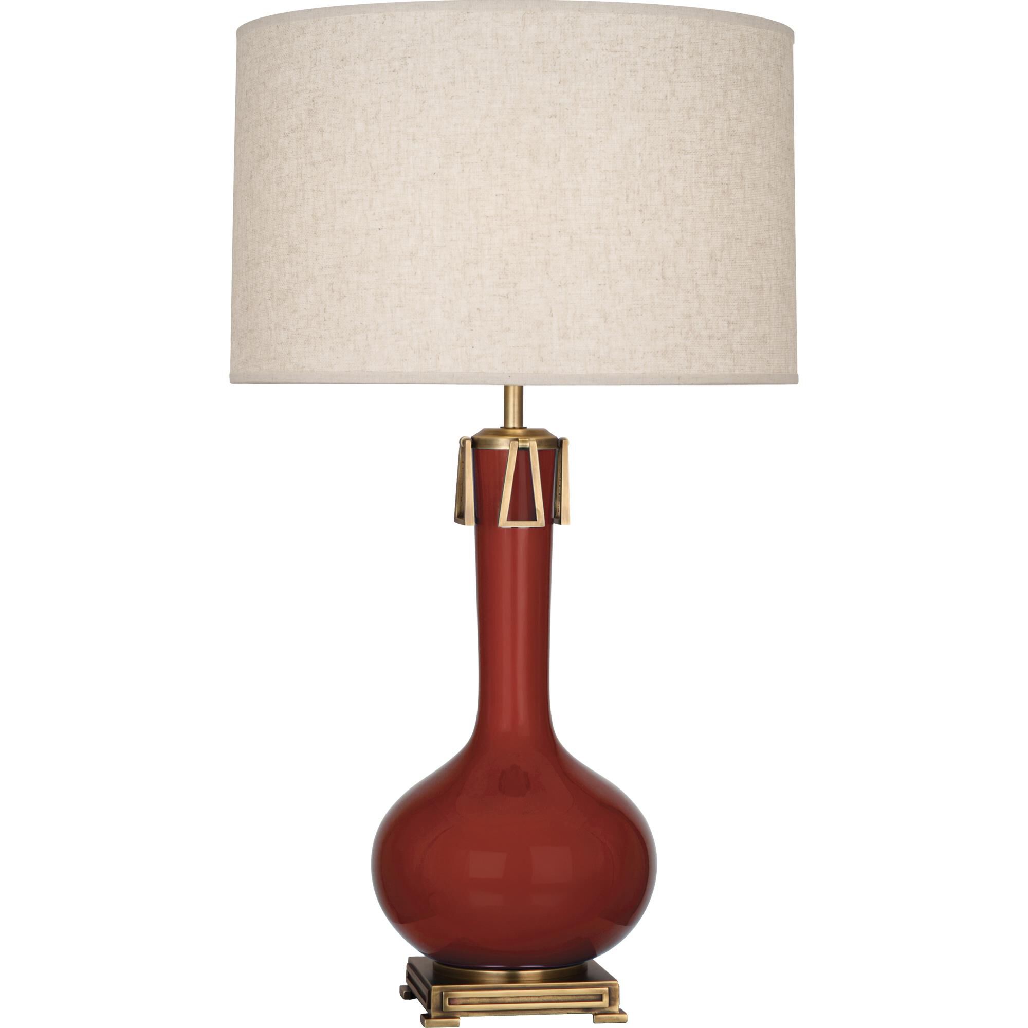 Shown in Oxblood Glazed Ceramic With Aged Brass Accents finish and Open Weave Heather Linen shade