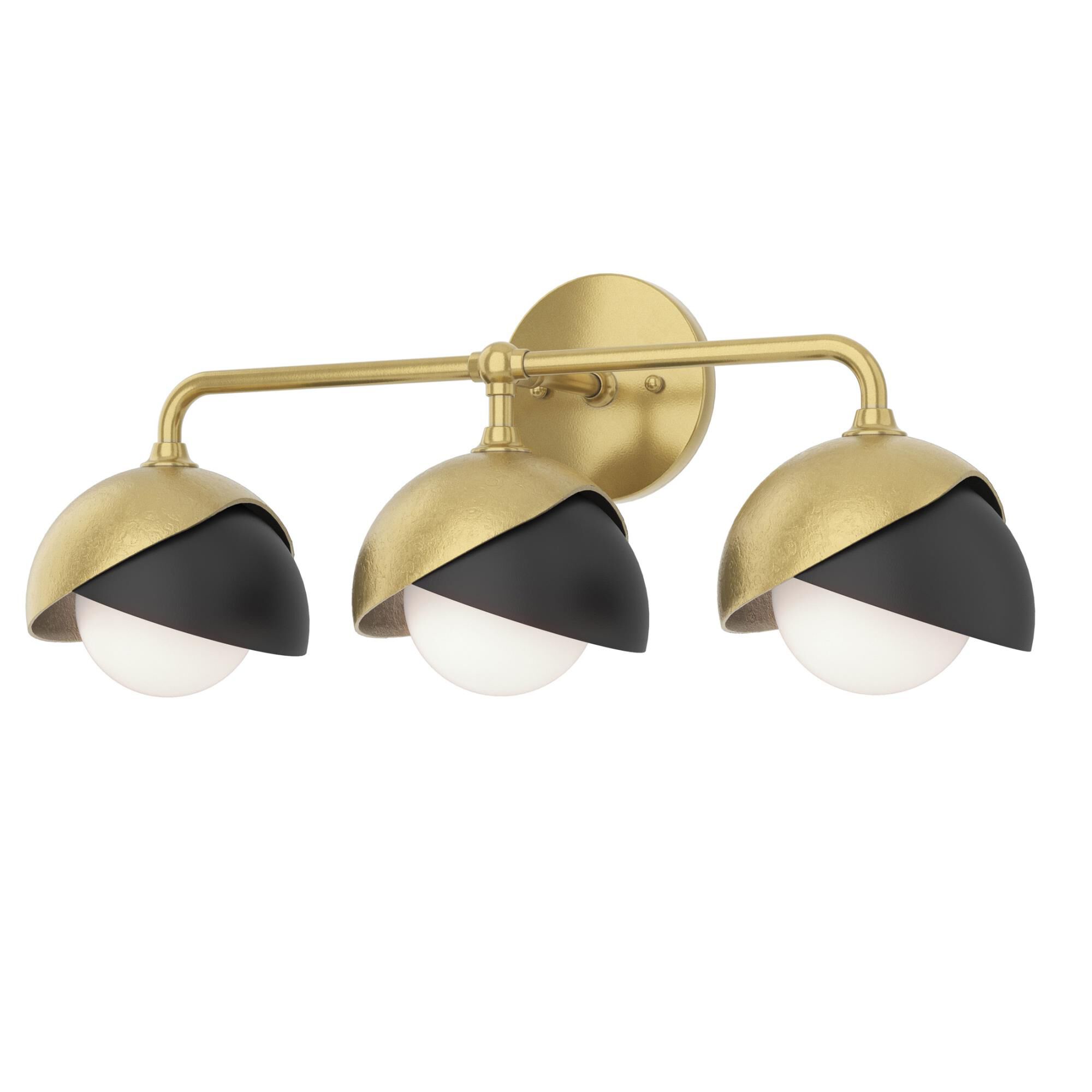 Shown in Modern Brass finish and Opal glass and Black accent